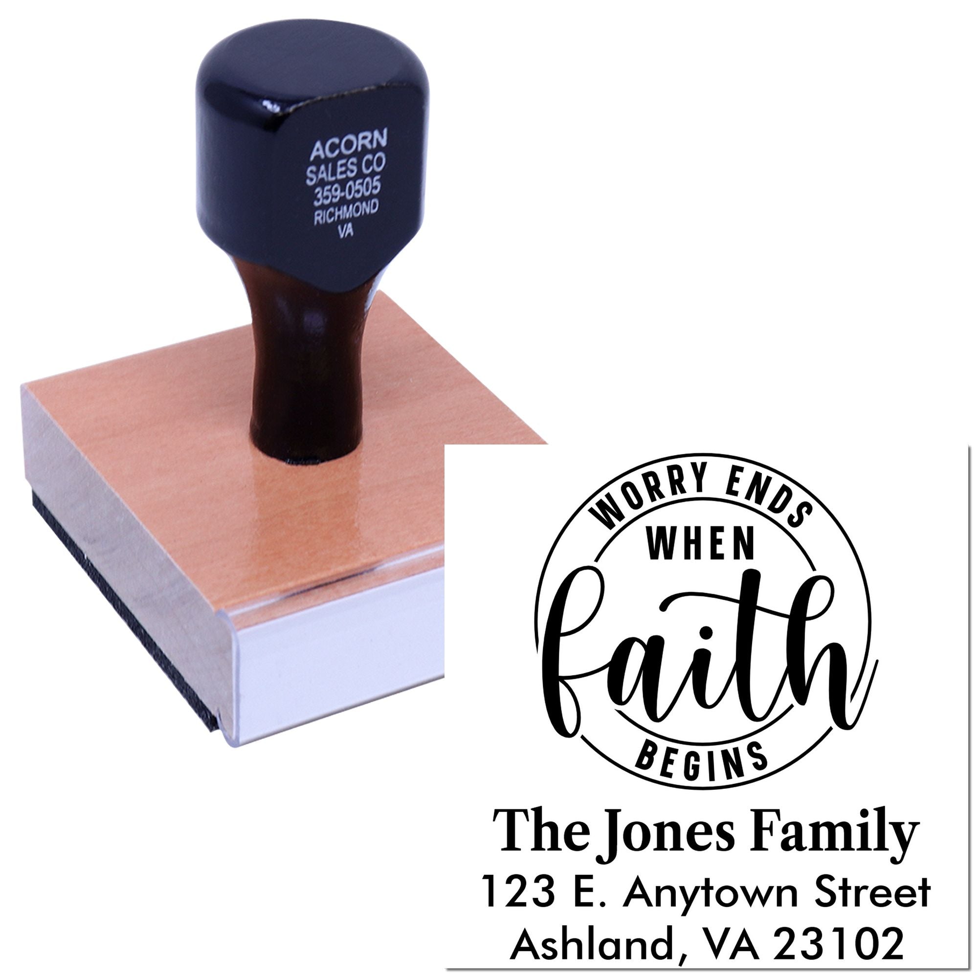 Personalized rubber stamp for family address and faith quote, featuring Worry Ends When Faith Begins design.