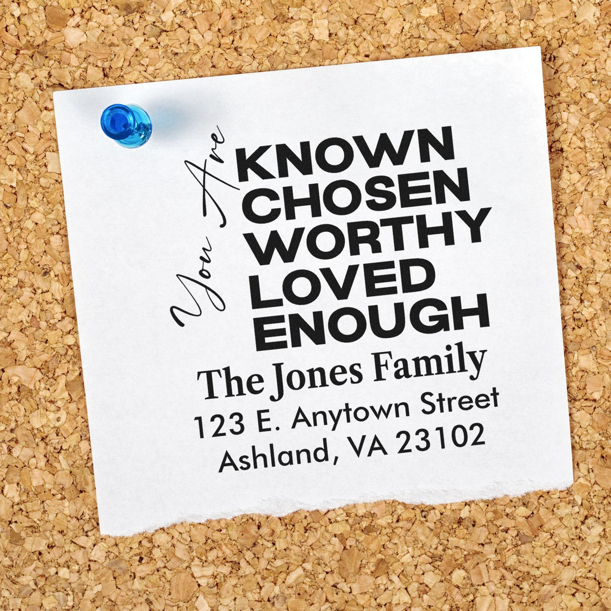 Personalized family return address rubber stamp with inspirational quote, ideal for envelopes and stationery.