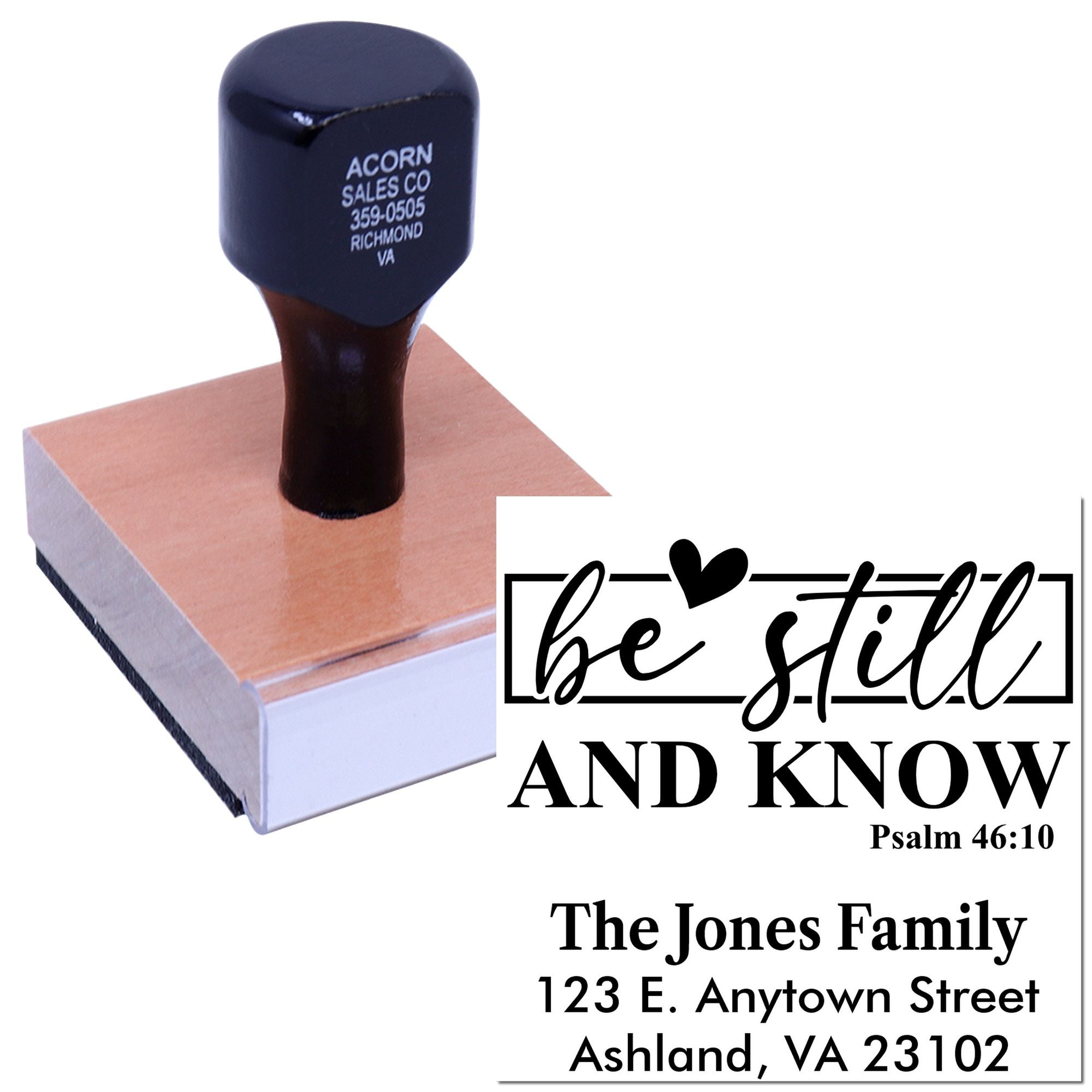 Custom rubber stamp for family return address with Be Still and Know Psalm 46:10 design
