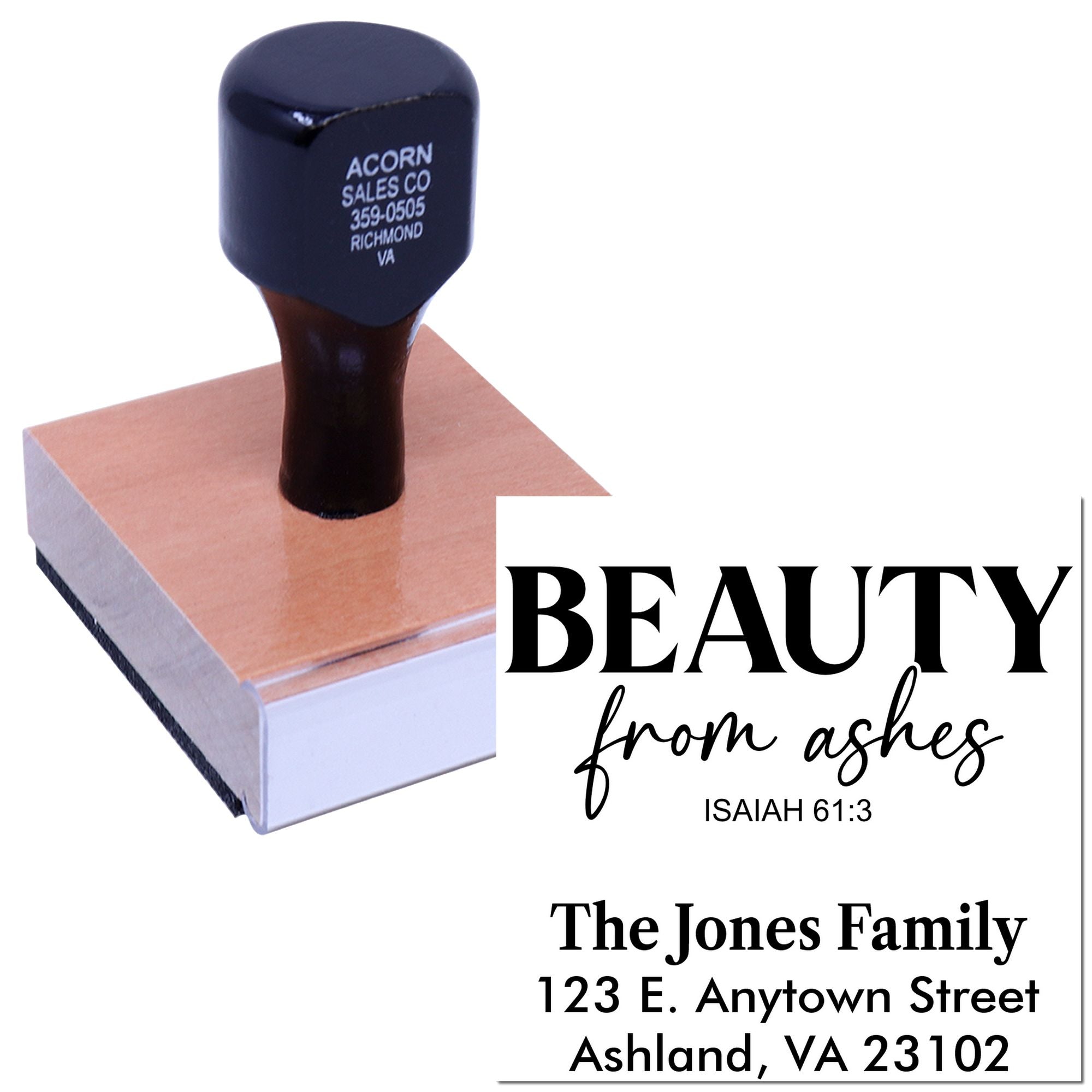 Custom Christian rubber stamp with Beauty from ashes Isaiah 61:3 and personalized family name and address.
