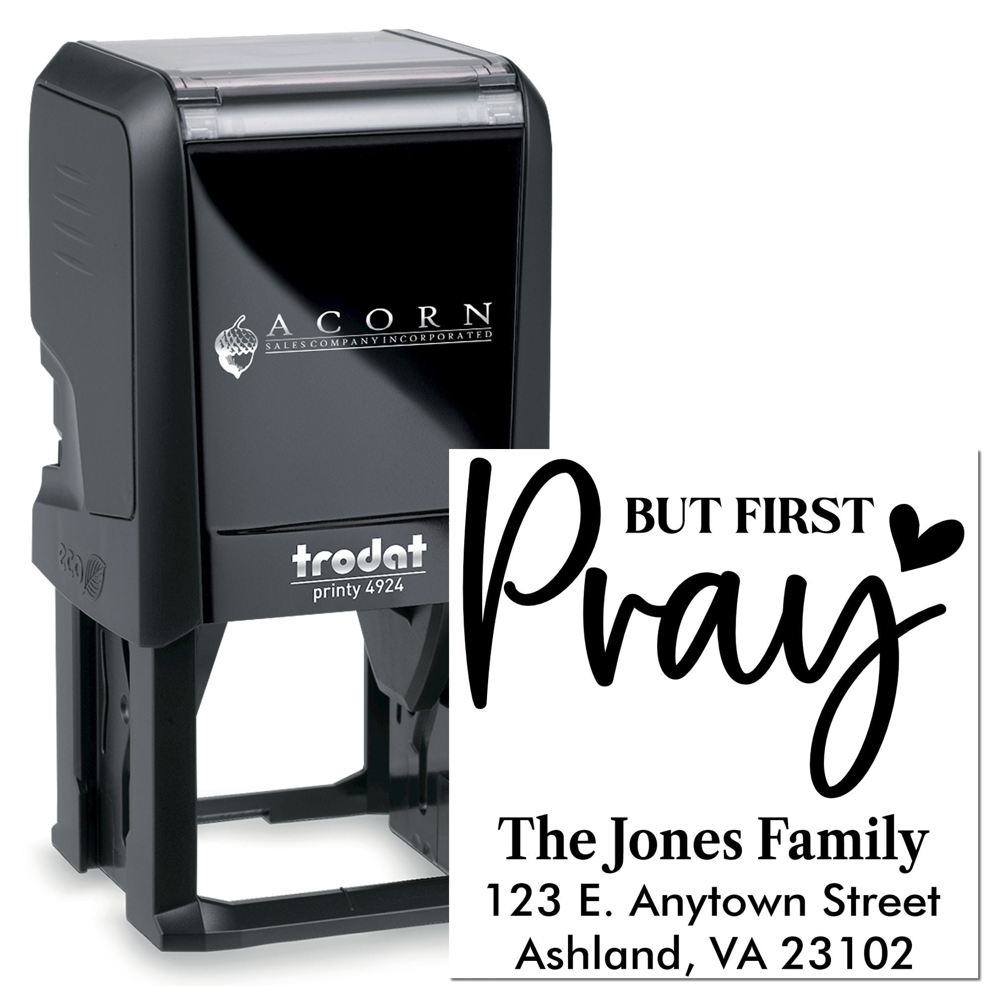 Custom self-inking rubber stamp featuring But First Pray and a family return address for personalized mailing.