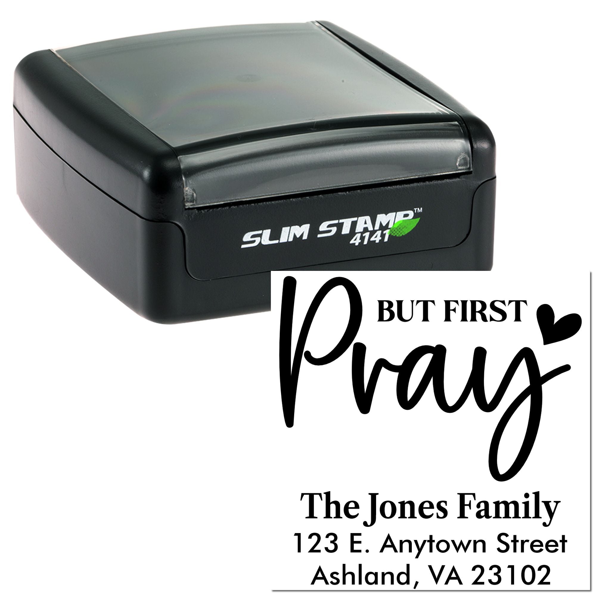 Self-inking rubber stamp with custom But First Pray family return address design for personalized faith-based mailings.