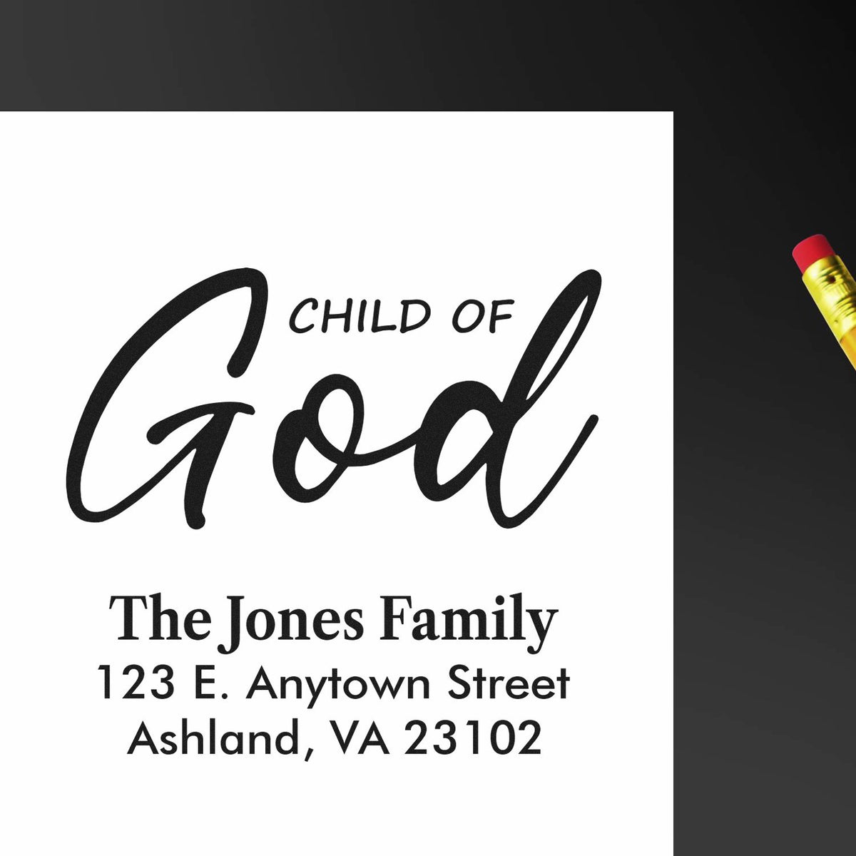 Personalized rubber address stamp with Child of God design for The Jones Family, Ashland, VA return address.