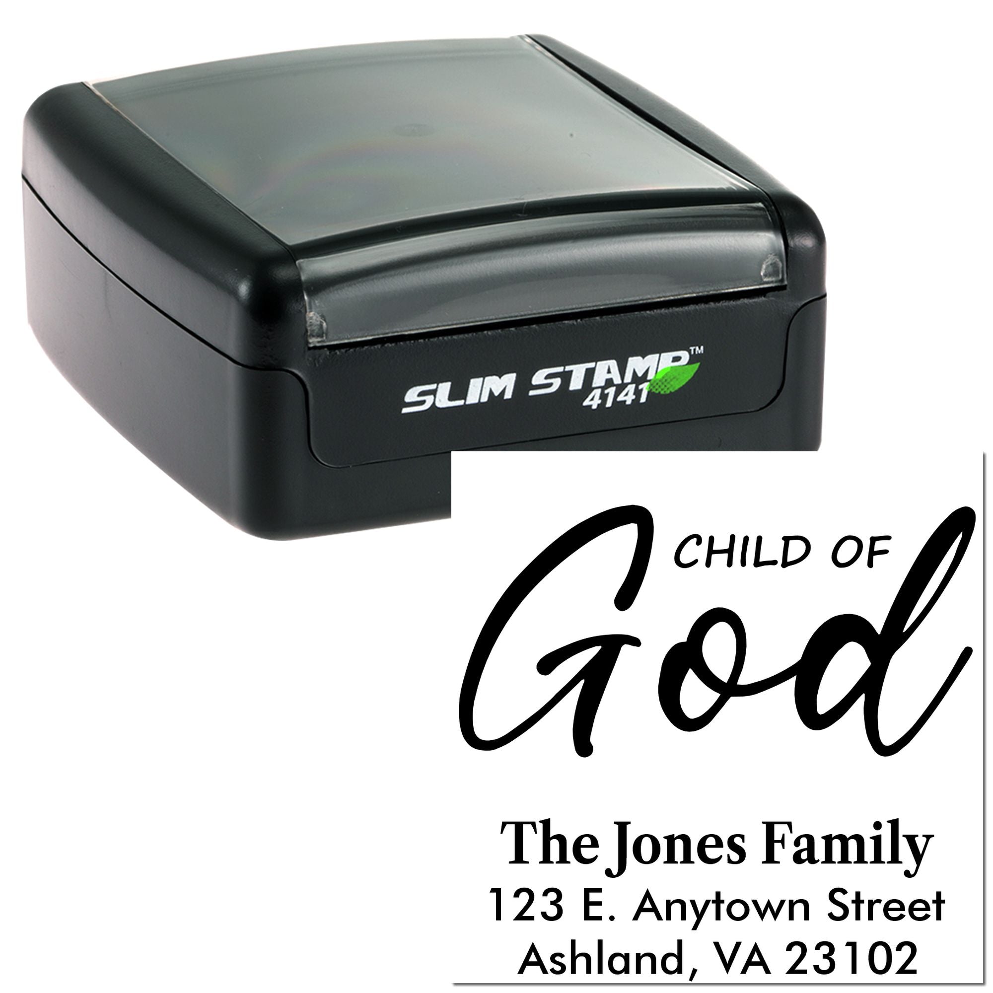 Slim Stamp 4141 self-inking rubber stamp with custom Child of God family address design for church and personal use