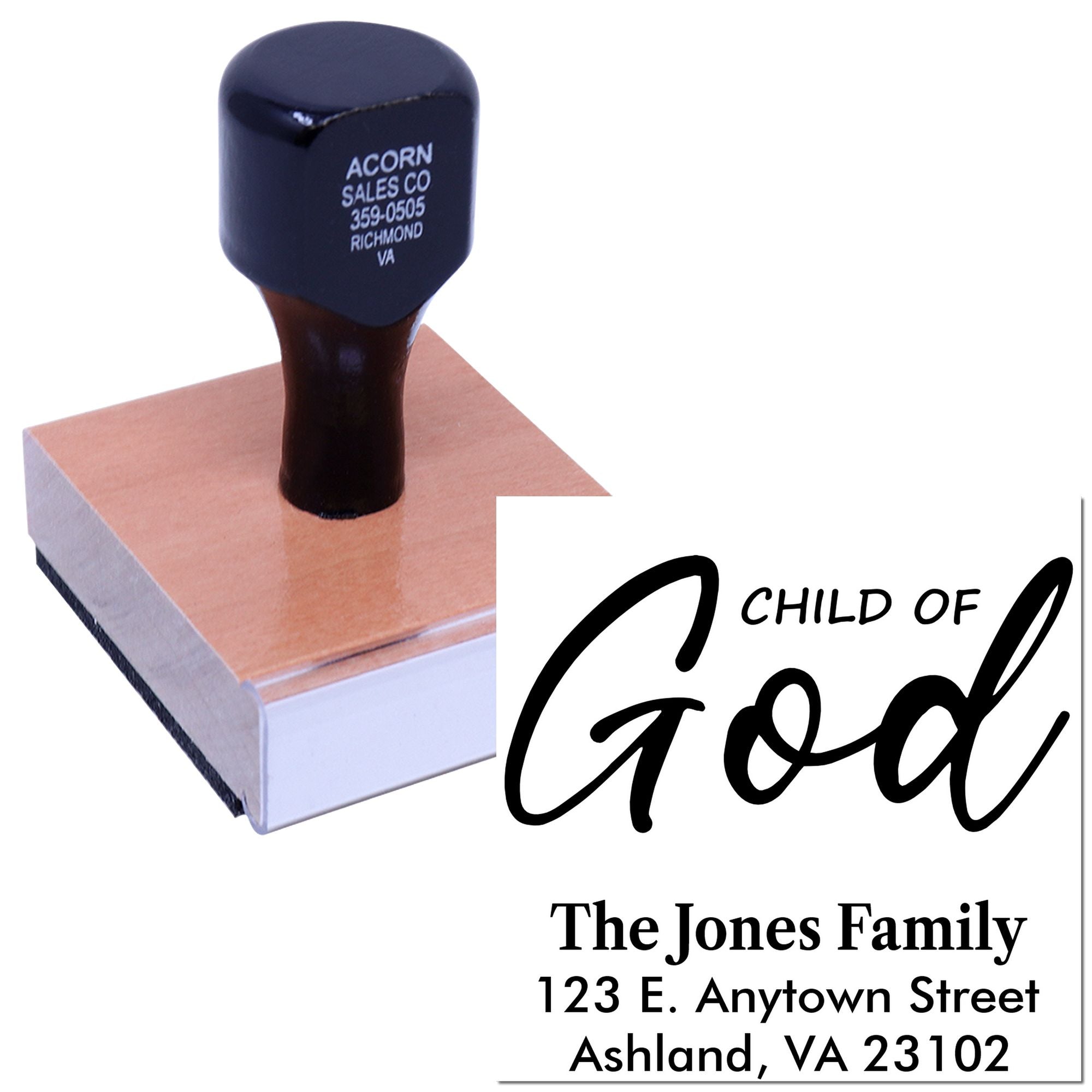 Personalized custom rubber stamp with Child of God family address imprint for faith-based mailing and labeling.