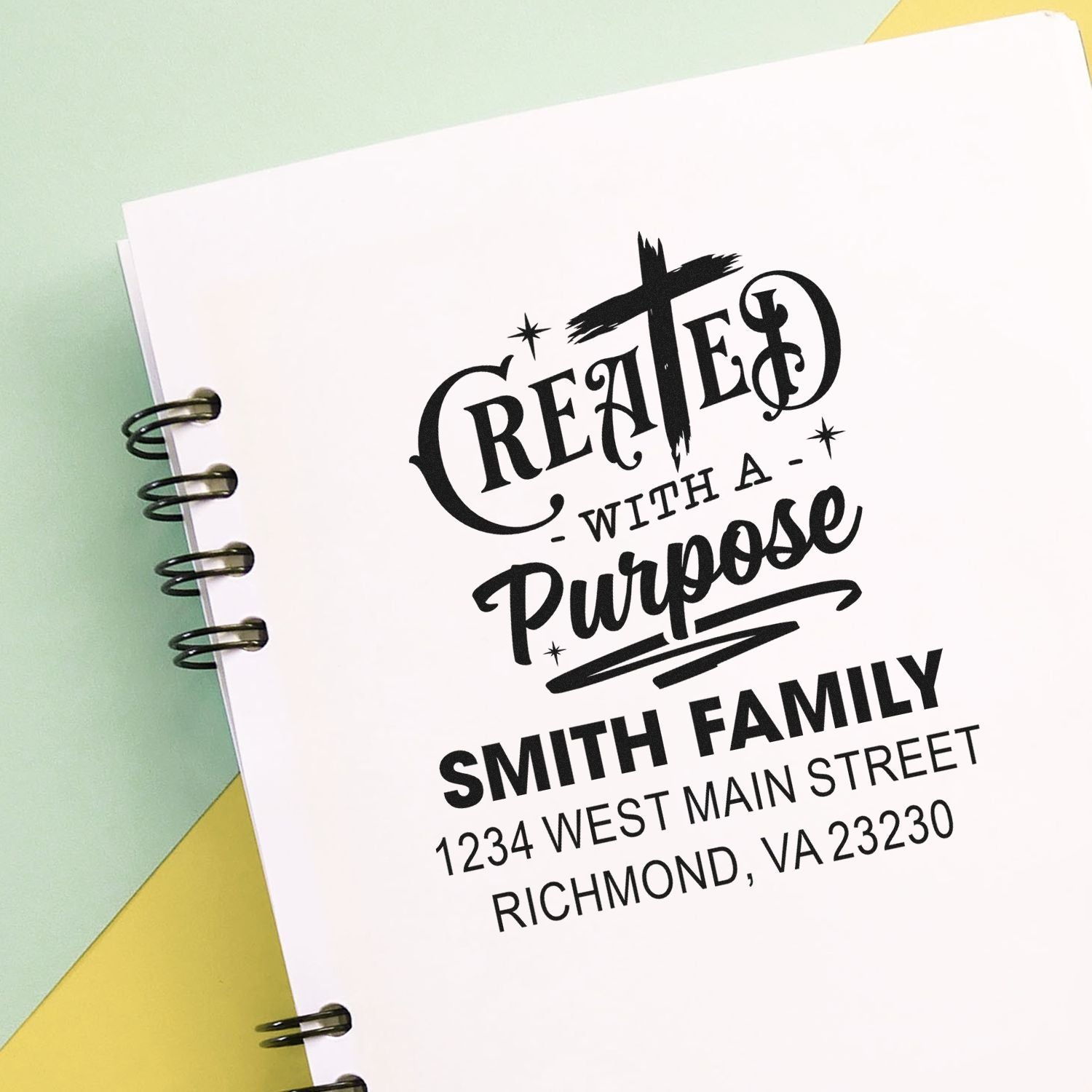 Custom rubber stamp design with Created with a Purpose, Smith family name, and address for personalized stationery.
