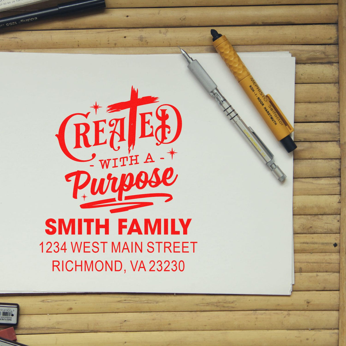 Custom return address rubber stamp for the Smith Family, featuring Created with a Purpose for personalized mailings.