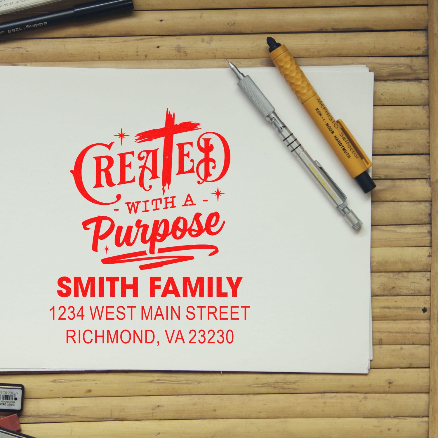 Custom address rubber stamp design for Smith Family with Created with a Purpose and Richmond, VA address.