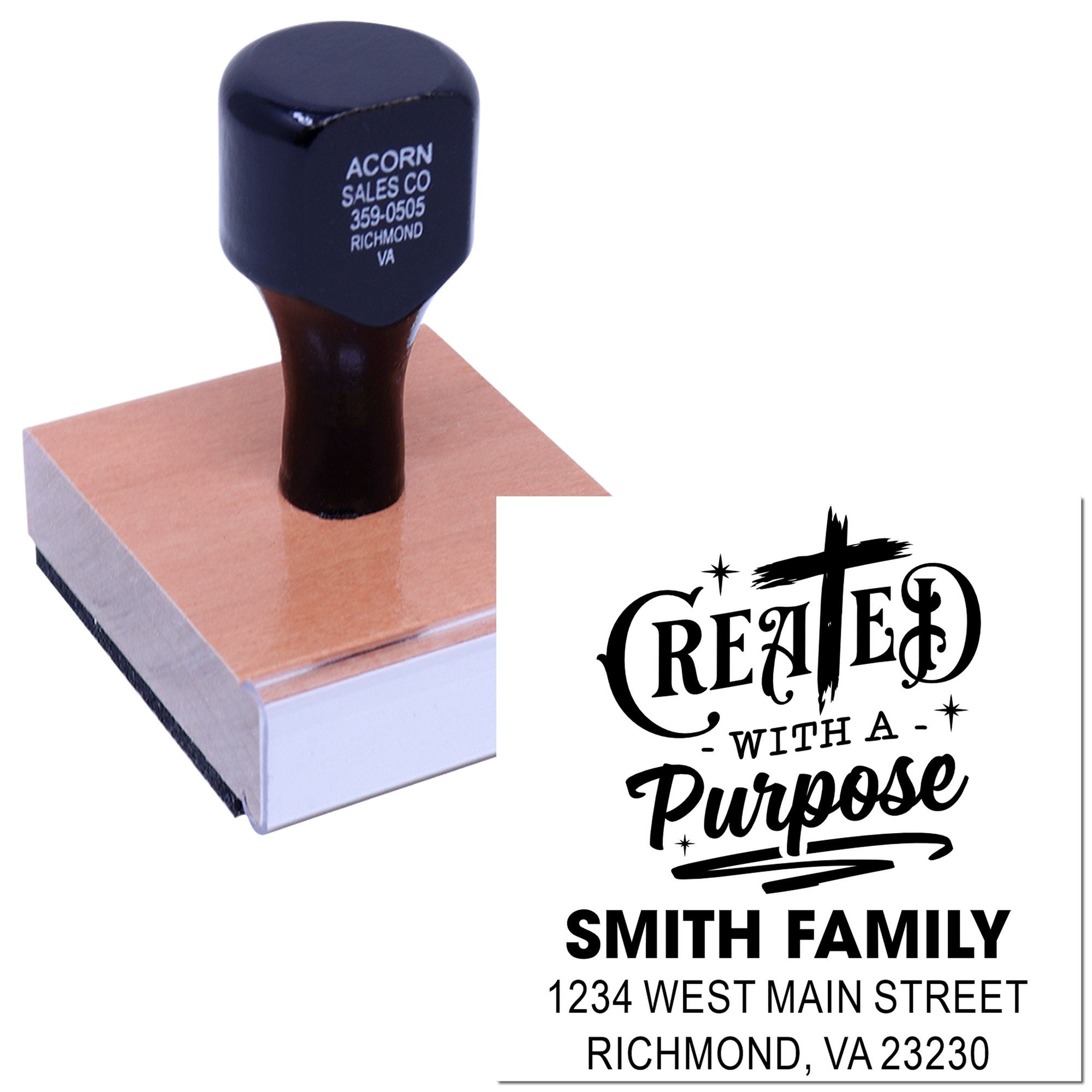 Custom self-inking address rubber stamp with Created with a Purpose design and Smith Family return address.