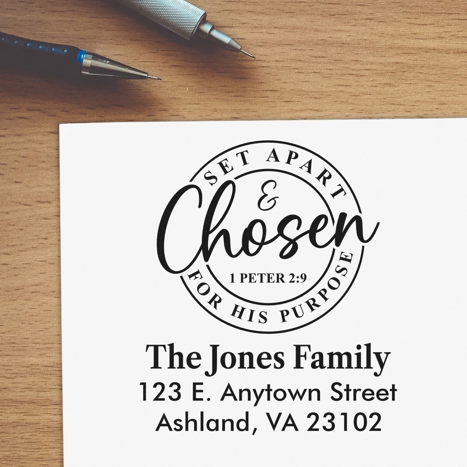Personalized Christian rubber address stamp with Chosen for His Purpose design, family name, and return address.