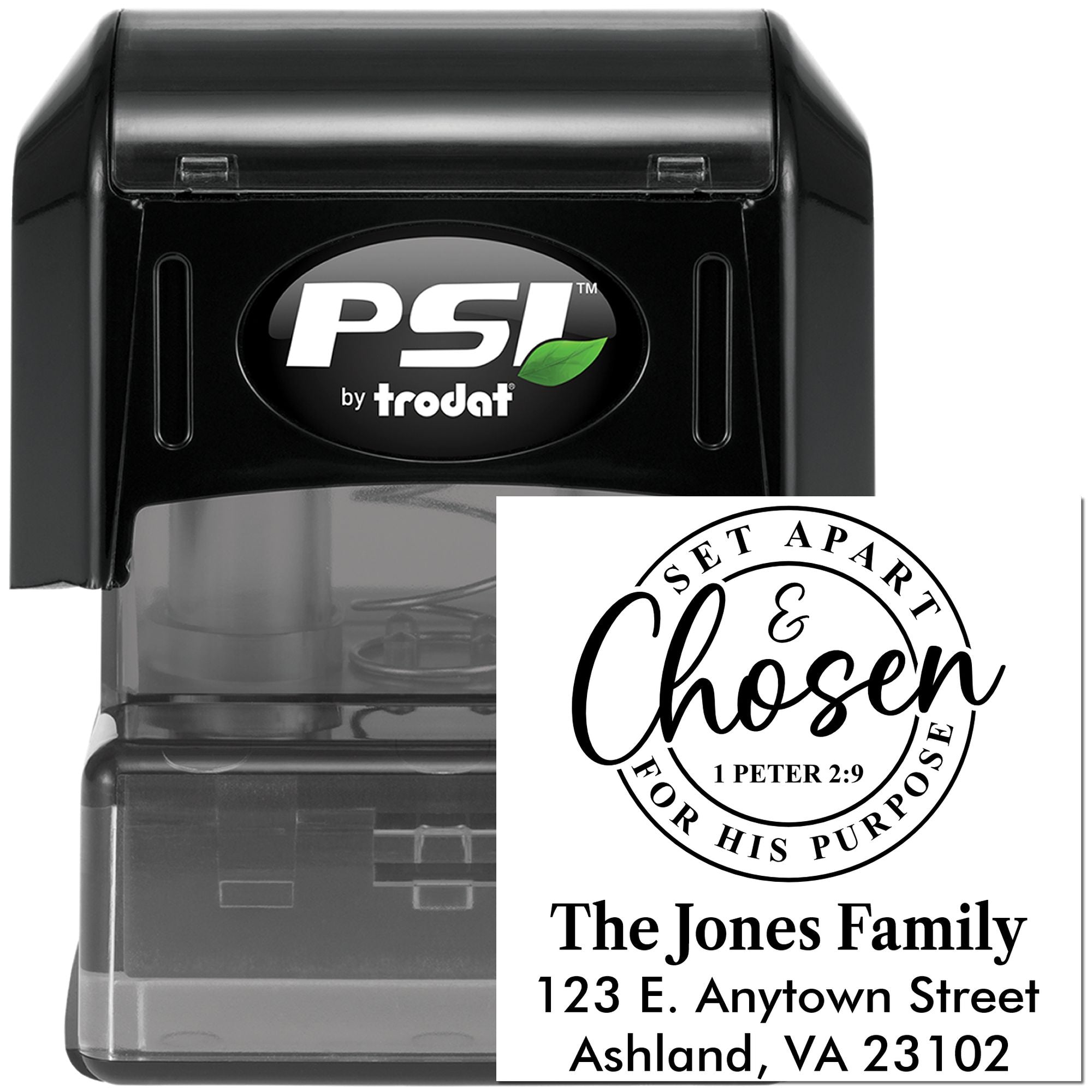 PSI by Trodat self-inking rubber stamp showing a custom Christian address stamp design for The Jones Family.