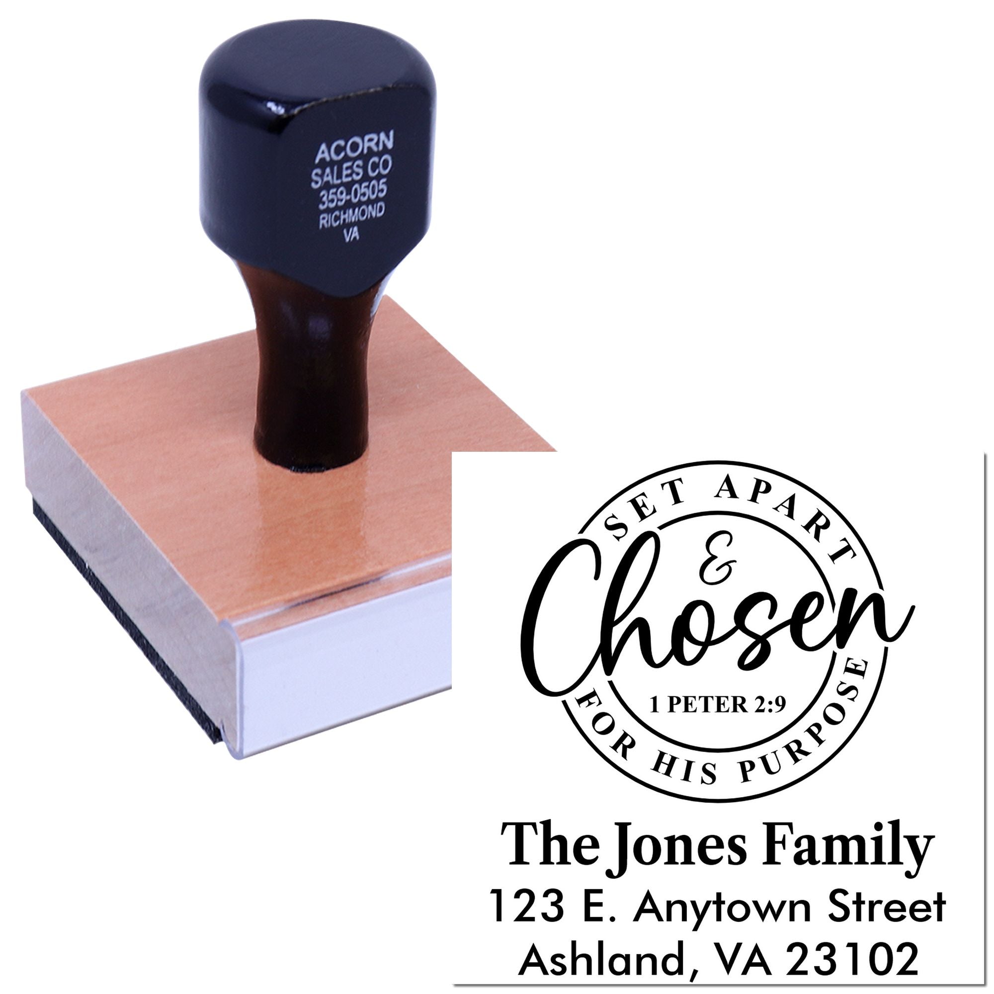 Personalized rubber stamp with Set Apart & Chosen for His Purpose design, family name, and address imprint.