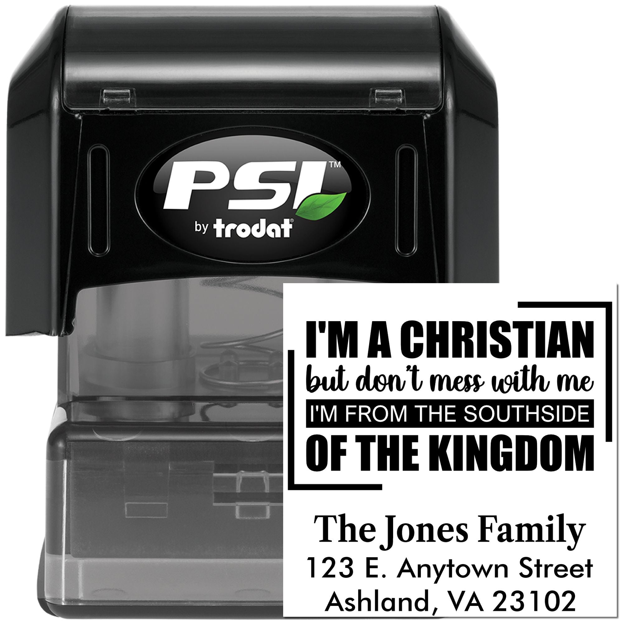 Custom self-inking rubber stamp with Christian quote and family address, ideal for personalized mailing, gifts, and church use.