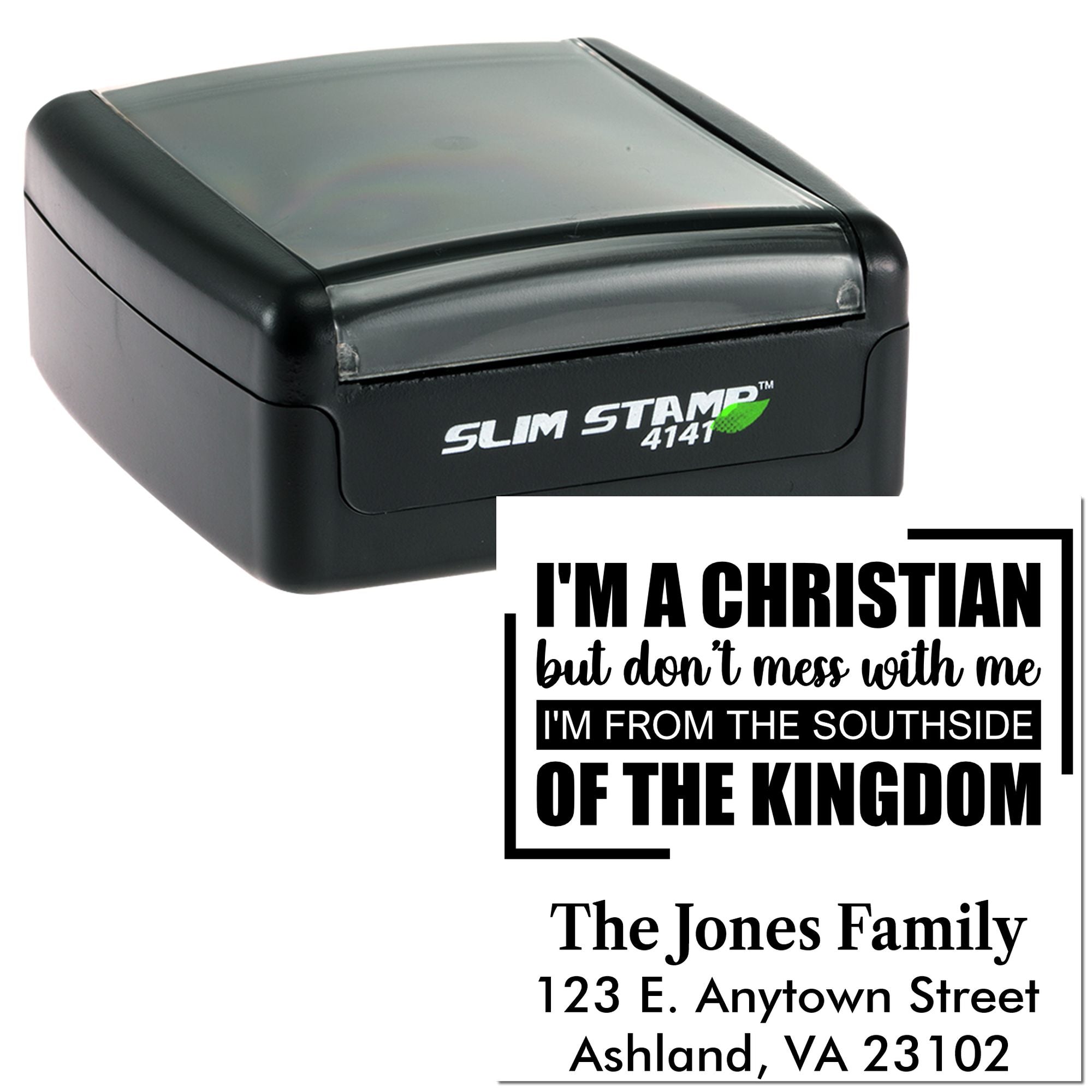 Custom self-inking address rubber stamp with Christian family return address design for The Jones Family, Ashland, VA.