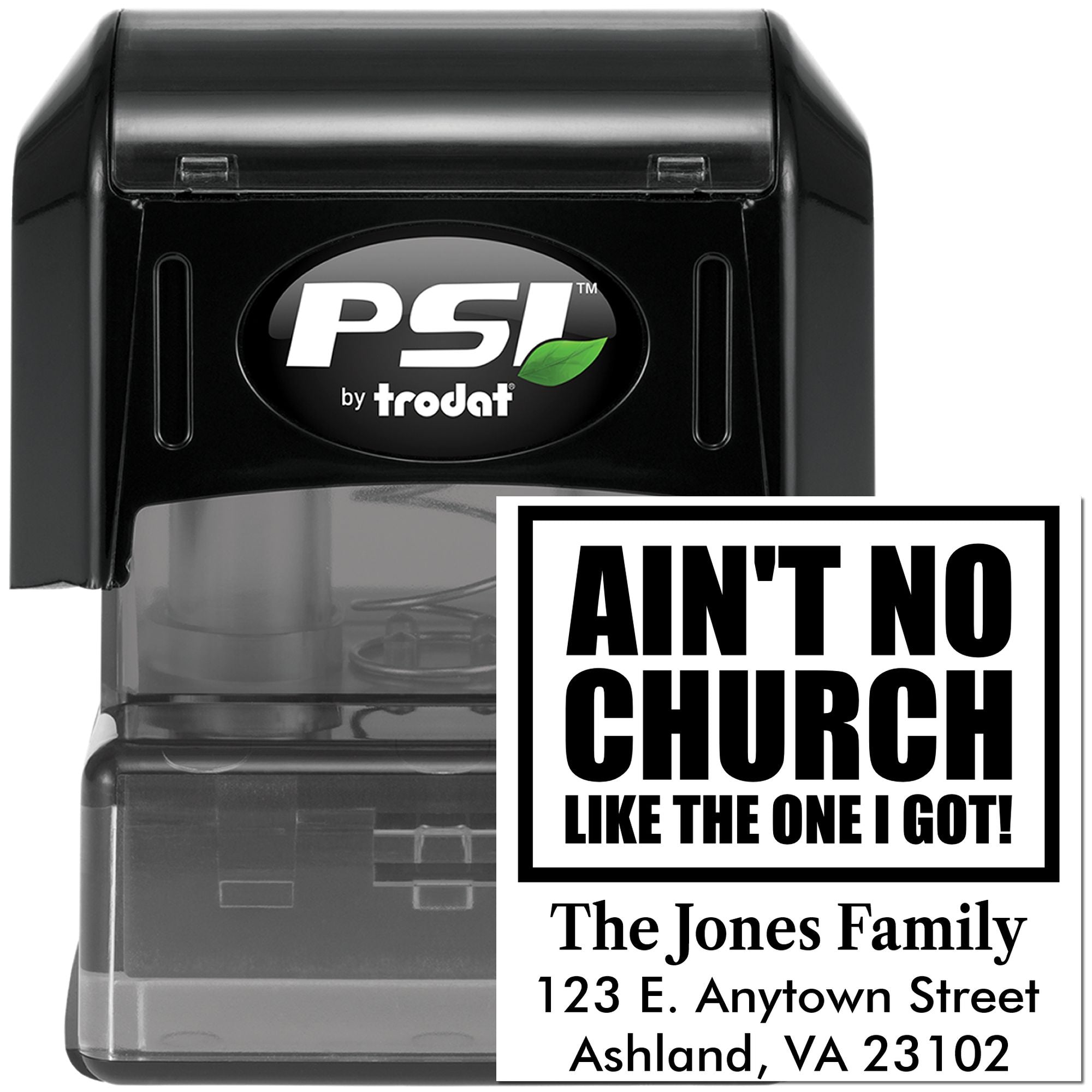 PSI by Trodat self-inking rubber stamp with custom church message, family name, and return address design.