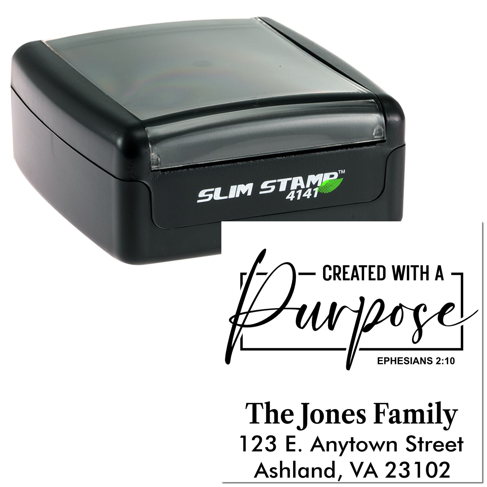 Custom Slim Stamp 4141 self-inking rubber stamp with Created with a Purpose design and personalized address imprint.