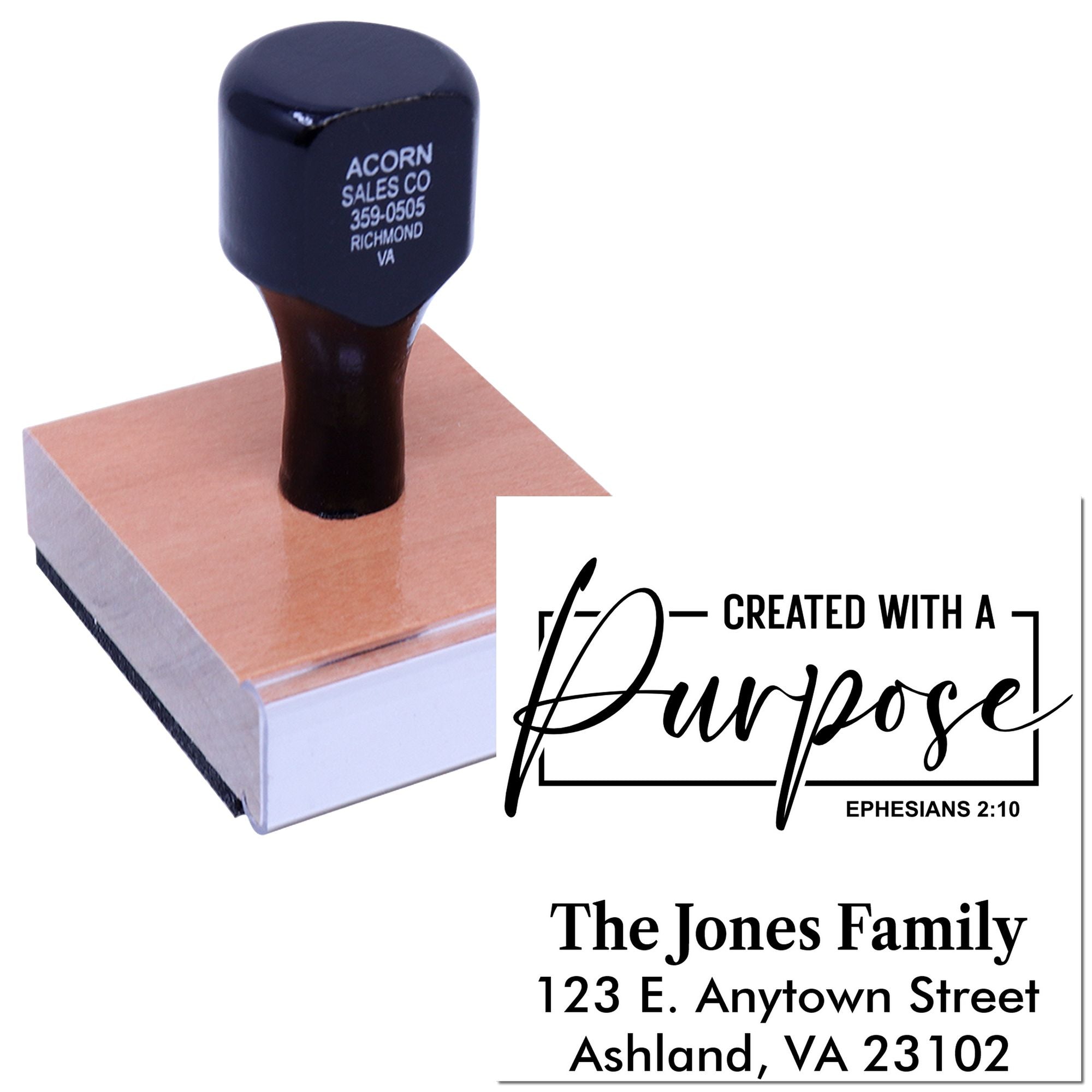 Custom rubber stamp with Created with a Purpose Christian design and personalized family address for mailing and gifts.