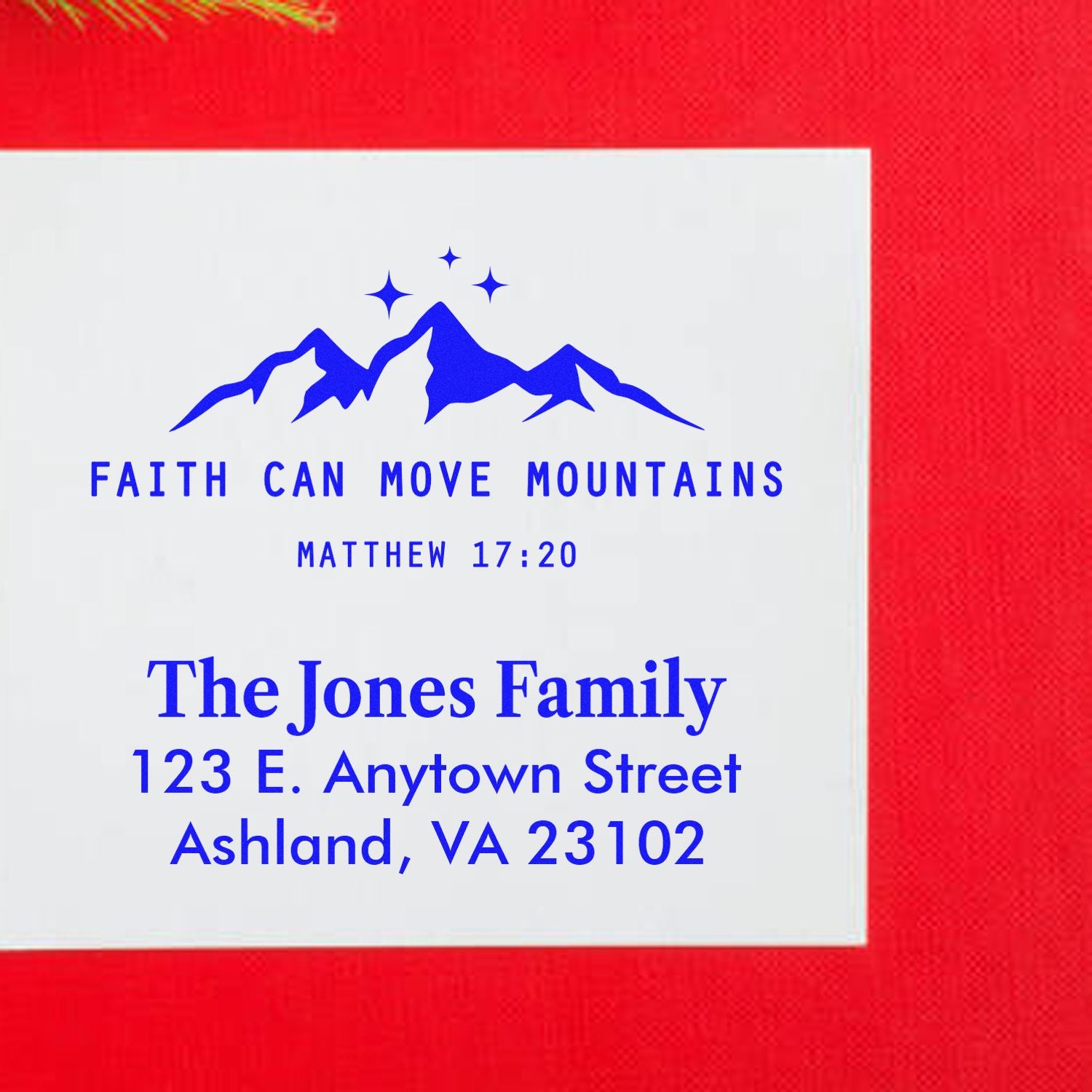 Custom faith-themed rubber stamp with mountain design, Matthew 17:20 verse, and personalized family return address.