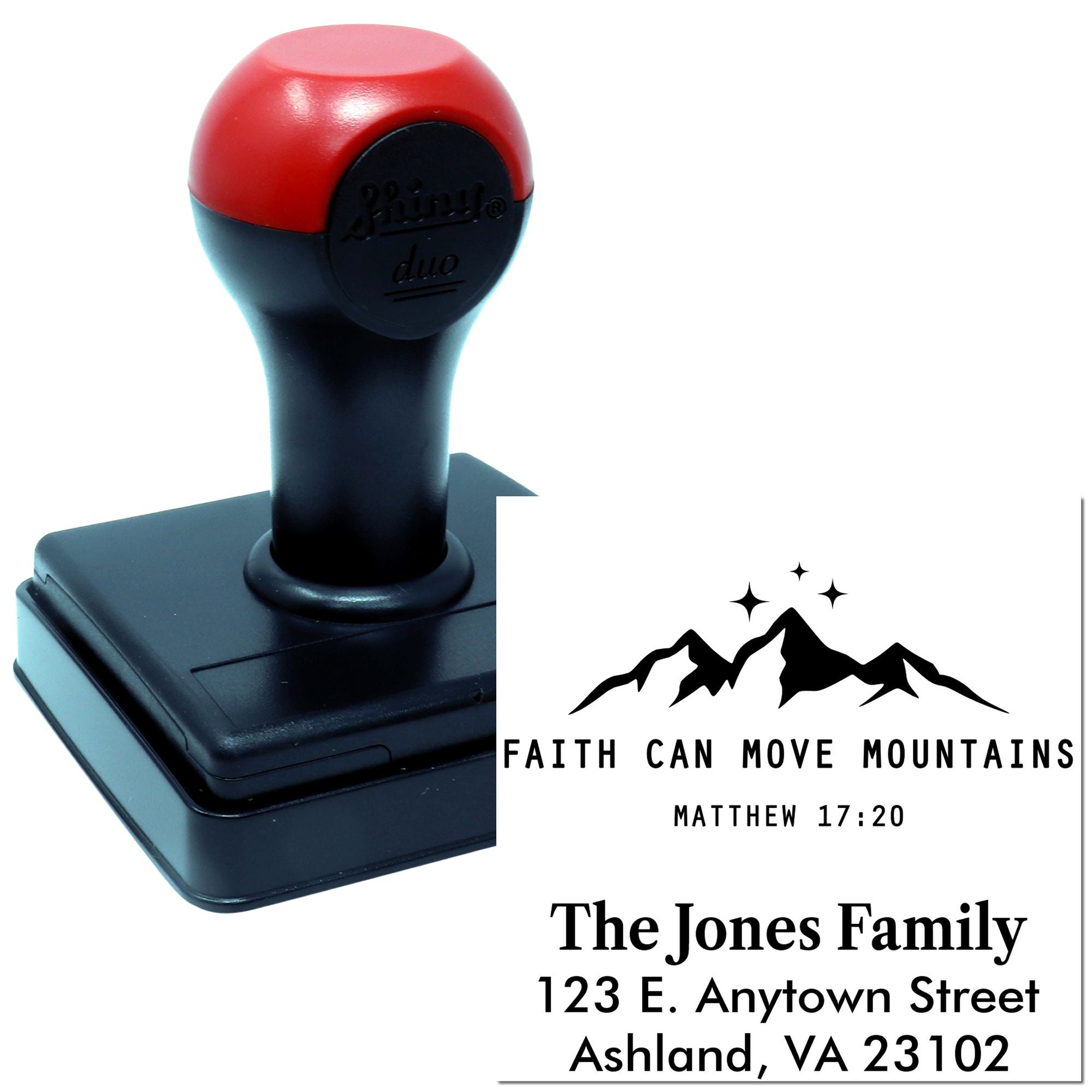 Custom self-inking rubber stamp with faith can move mountains design and personalized family return address imprint.