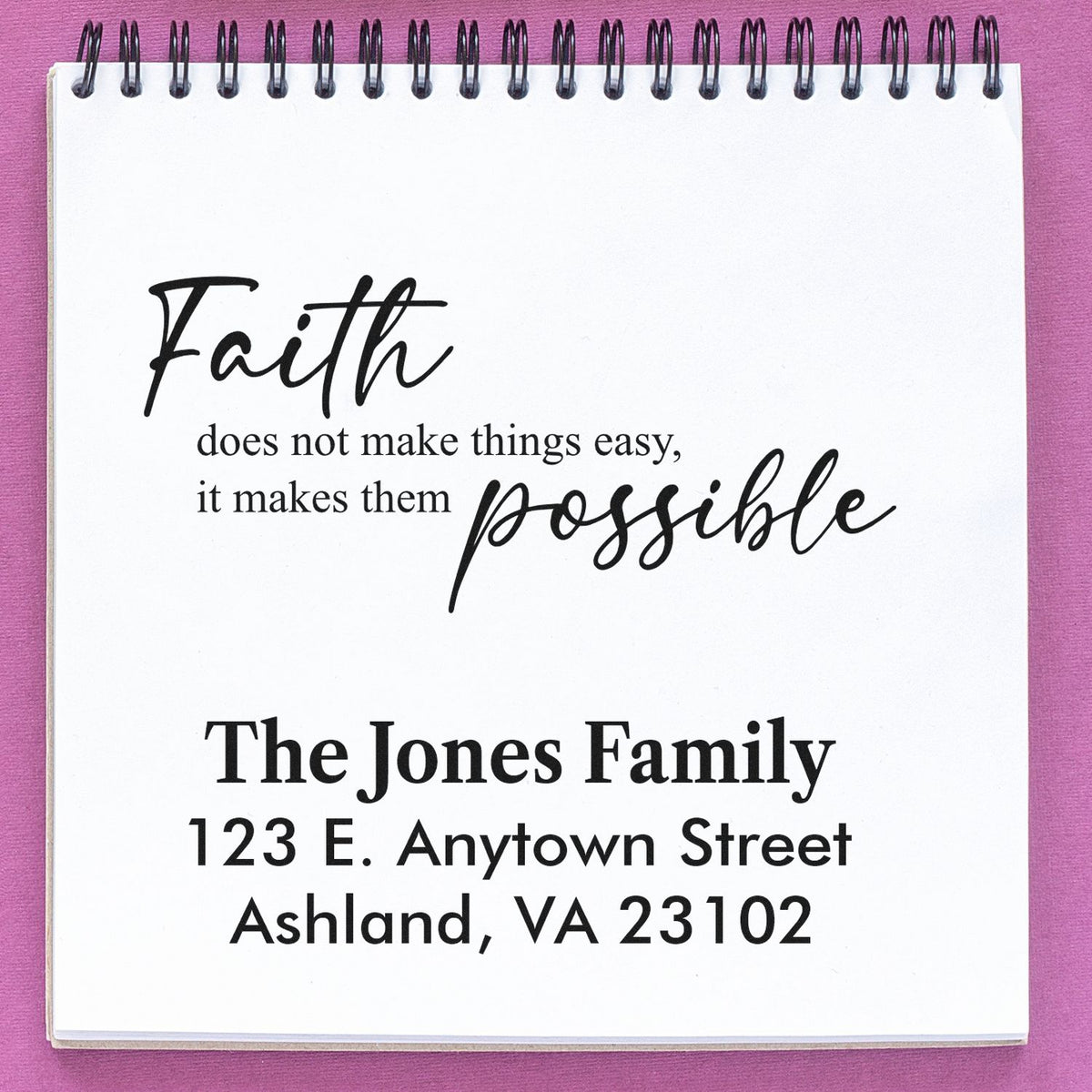 Personalized faith quote return address rubber stamp for The Jones Family, Ashland, VA 23102