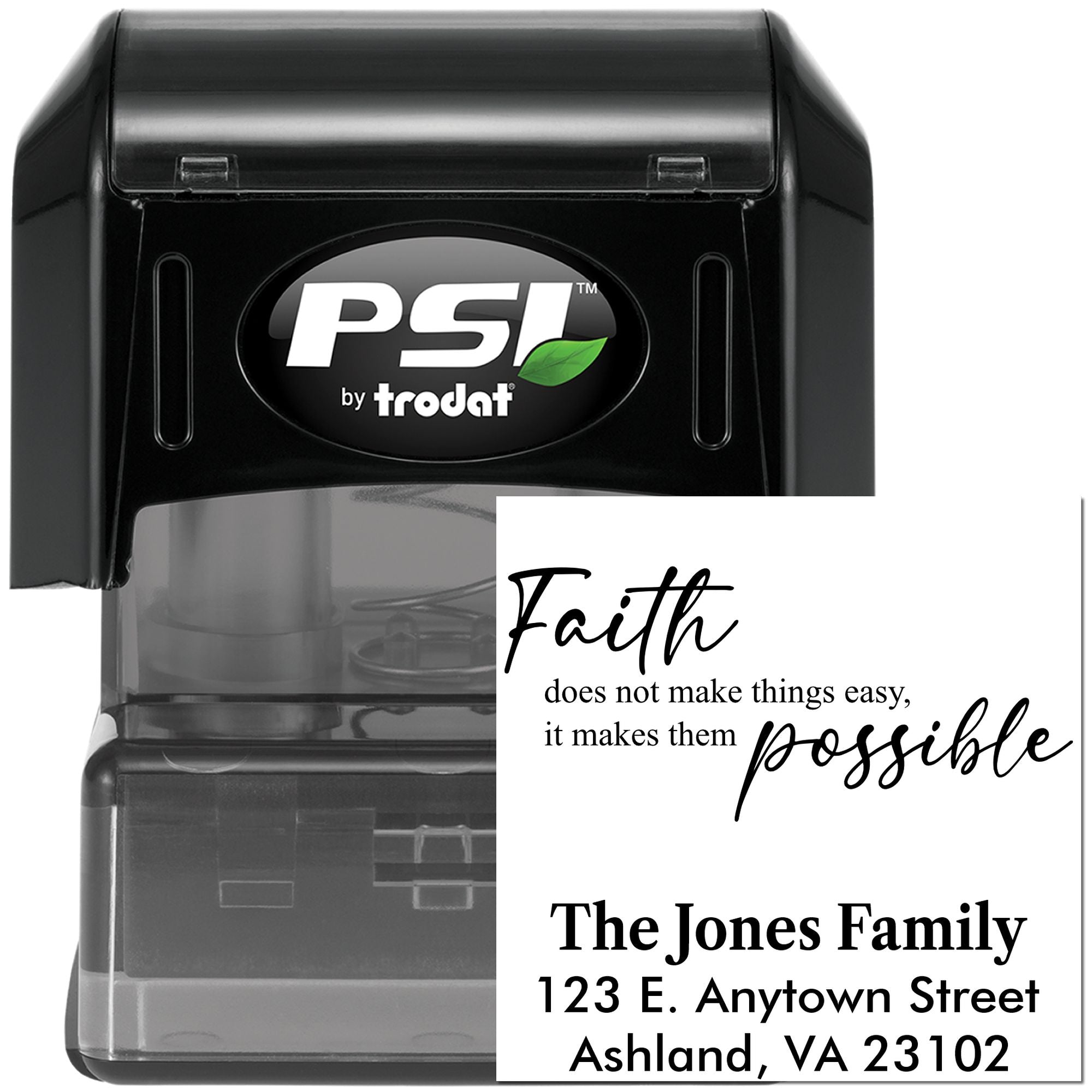 PSI by Trodat self-inking rubber stamp with faith quote and return address design for personalized stationery and envelopes.