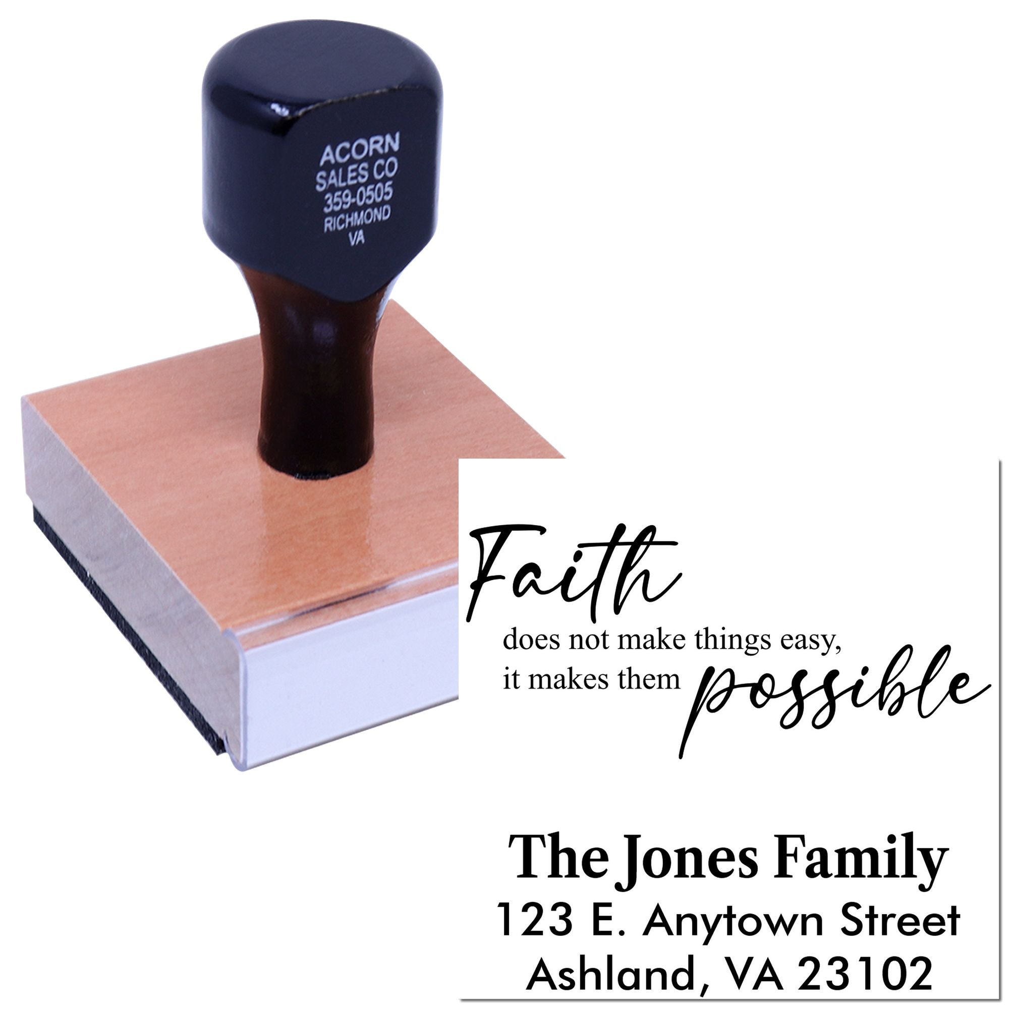 Custom rubber stamp with Faith quote and personalized family address for cards, crafts, and packaging.