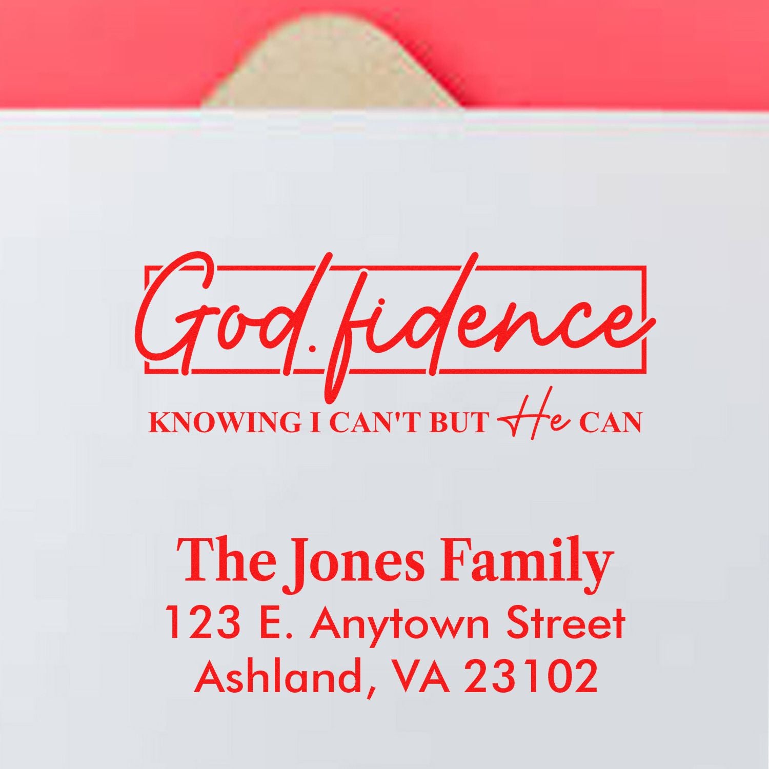 Custom Christian rubber stamp with God.fidence quote and personalized family return address.