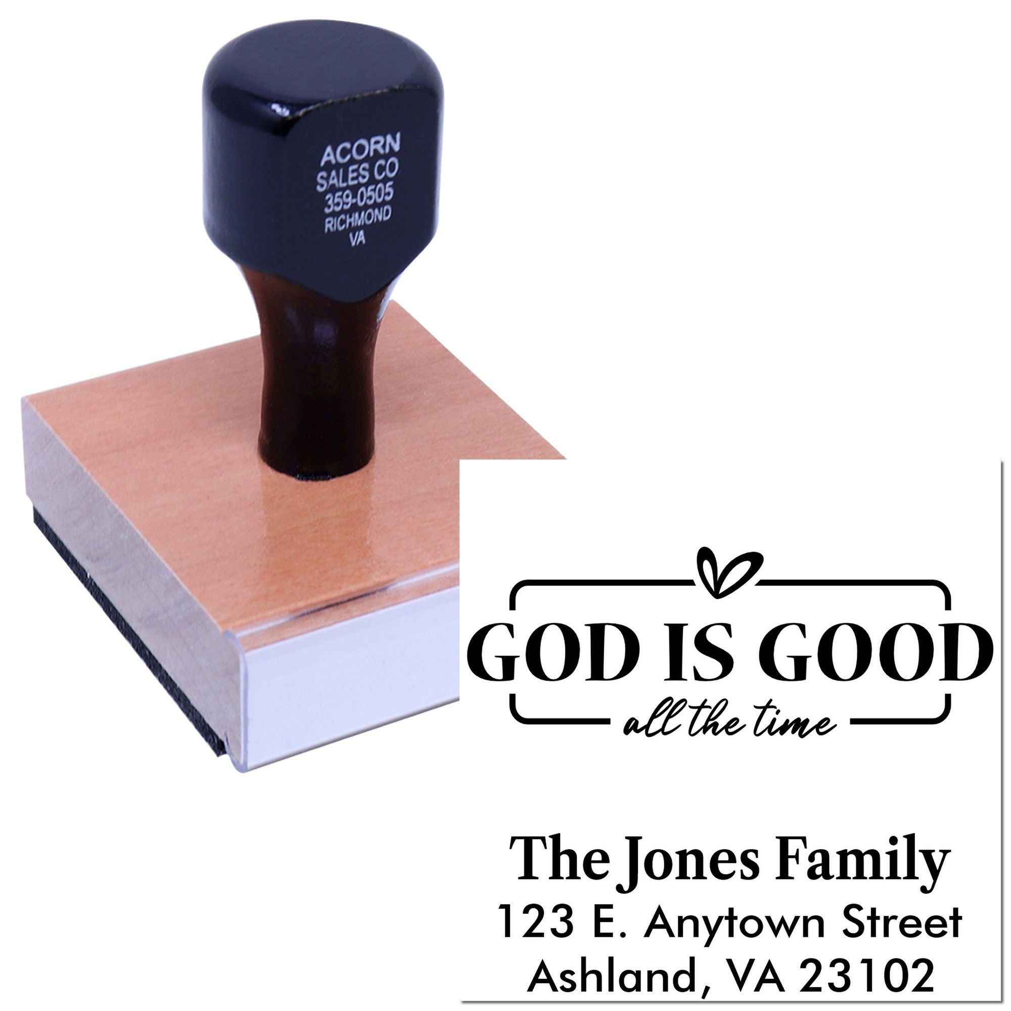 Custom rubber address stamp with God Is Good All the Time design and family address, ideal for personalized faith-based mailings.
