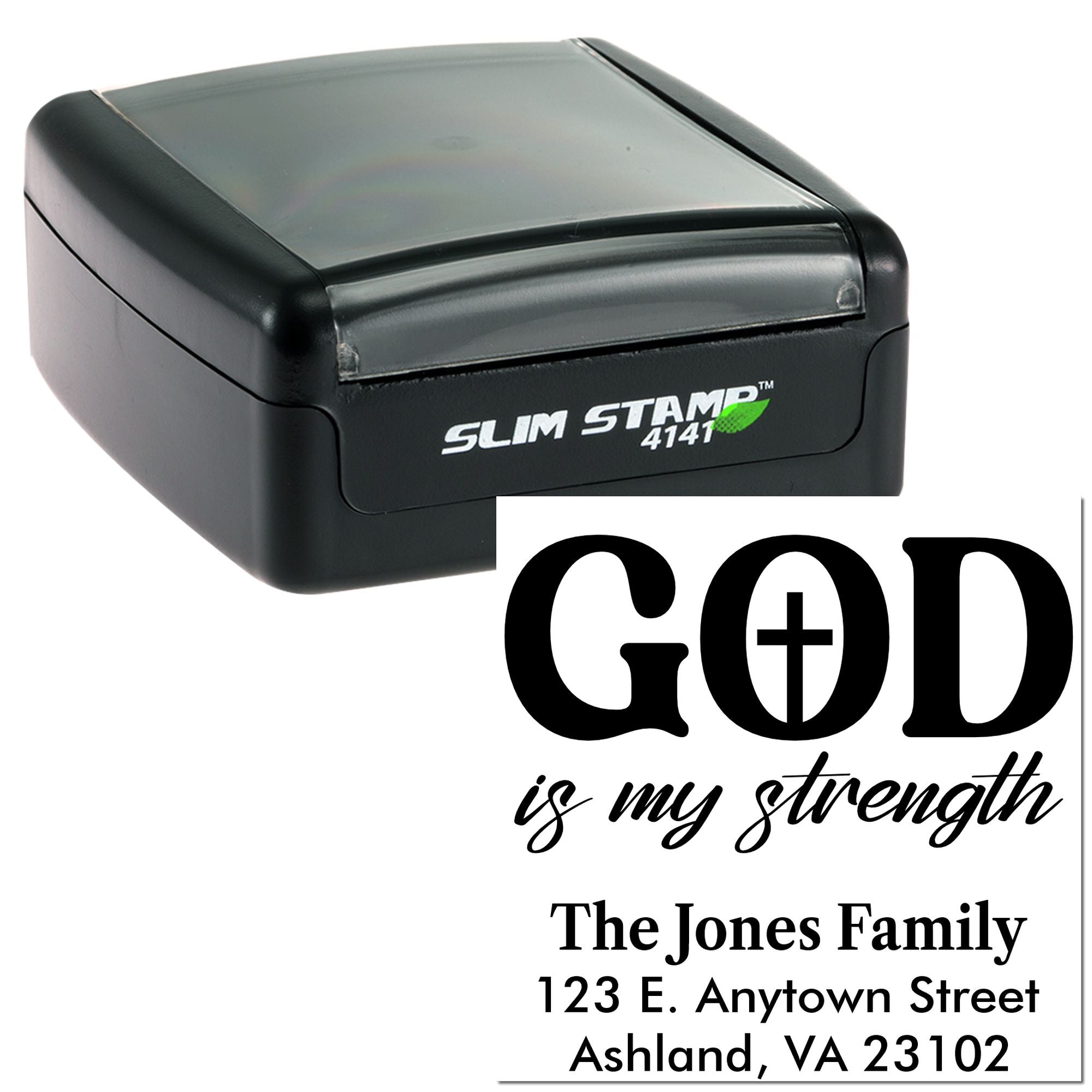 Custom self-inking rubber address stamp with God is my strength and The Jones Family return address, Ashland, VA.
