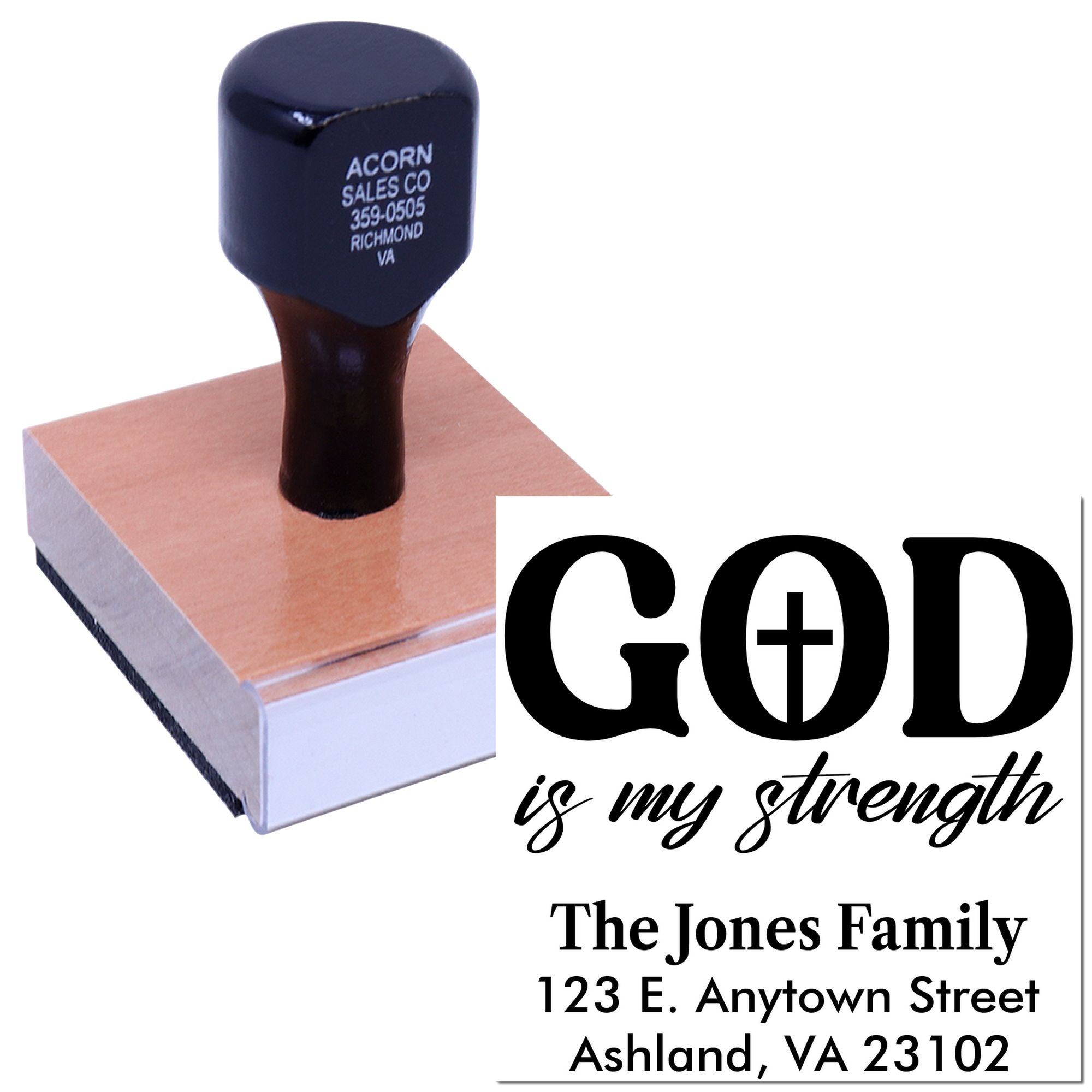 Custom religious address rubber stamp with God is my strength and The Jones Family, Ashland, VA address.