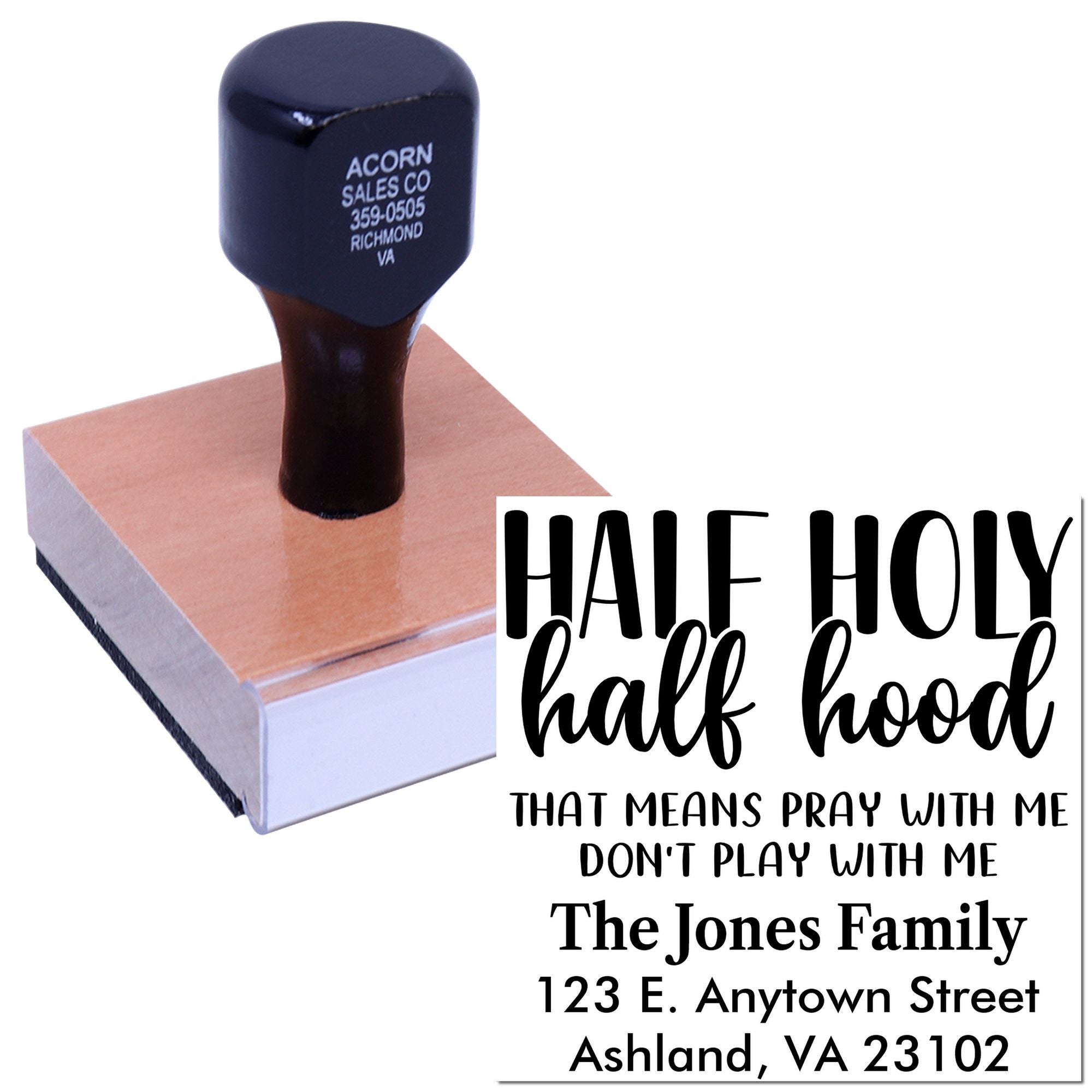 Custom address rubber stamp featuring Half Holy, Half Hood family design for personalized mail and faith-based gifts