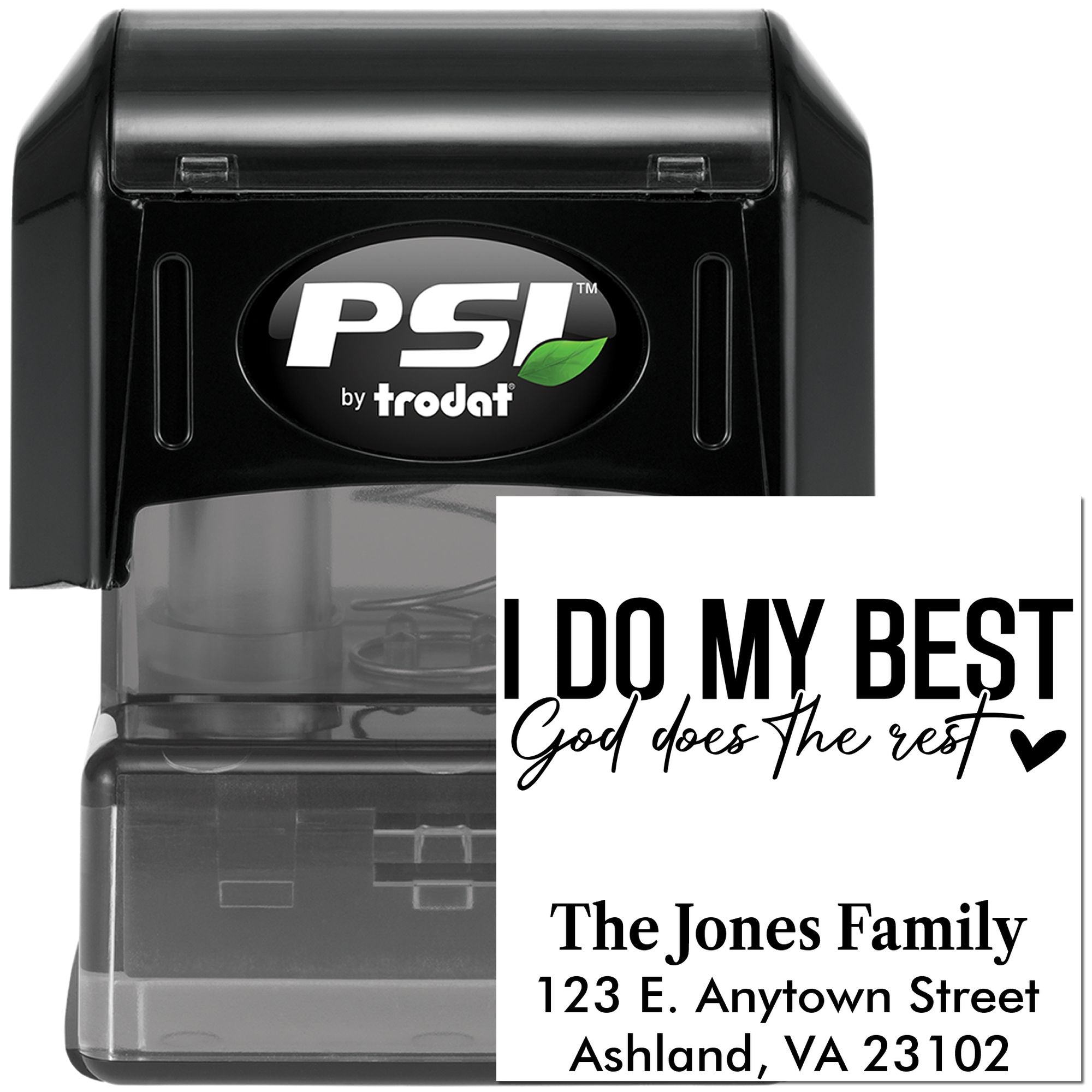 PSI by Trodat self-inking custom rubber stamp with family quote and address imprint for personalized mailing.
