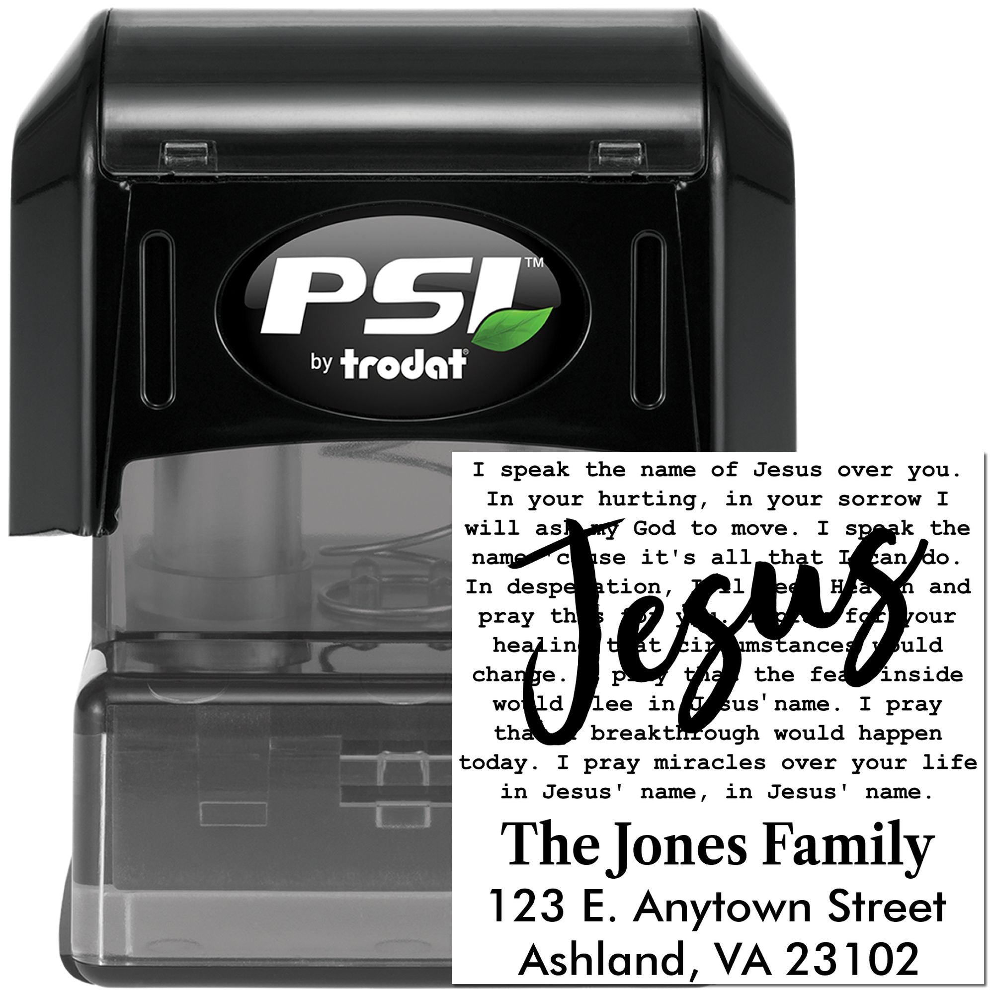 Custom PSI by Trodat self-inking rubber stamp with Christian prayer message and personalized Jones family return address.