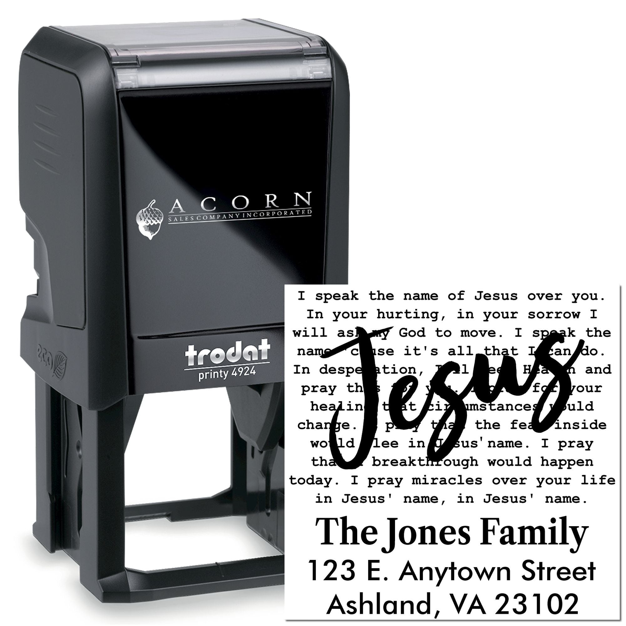 Custom self-inking rubber stamp for personalized return address labels and faith-based message imprint, Trodat Printy 4924.