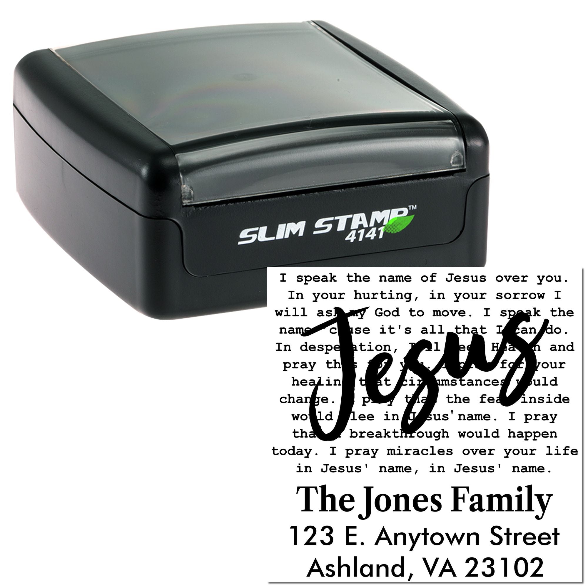 Custom Christian prayer and address rubber stamp with Slim Stamp 4141 self-inking tool.