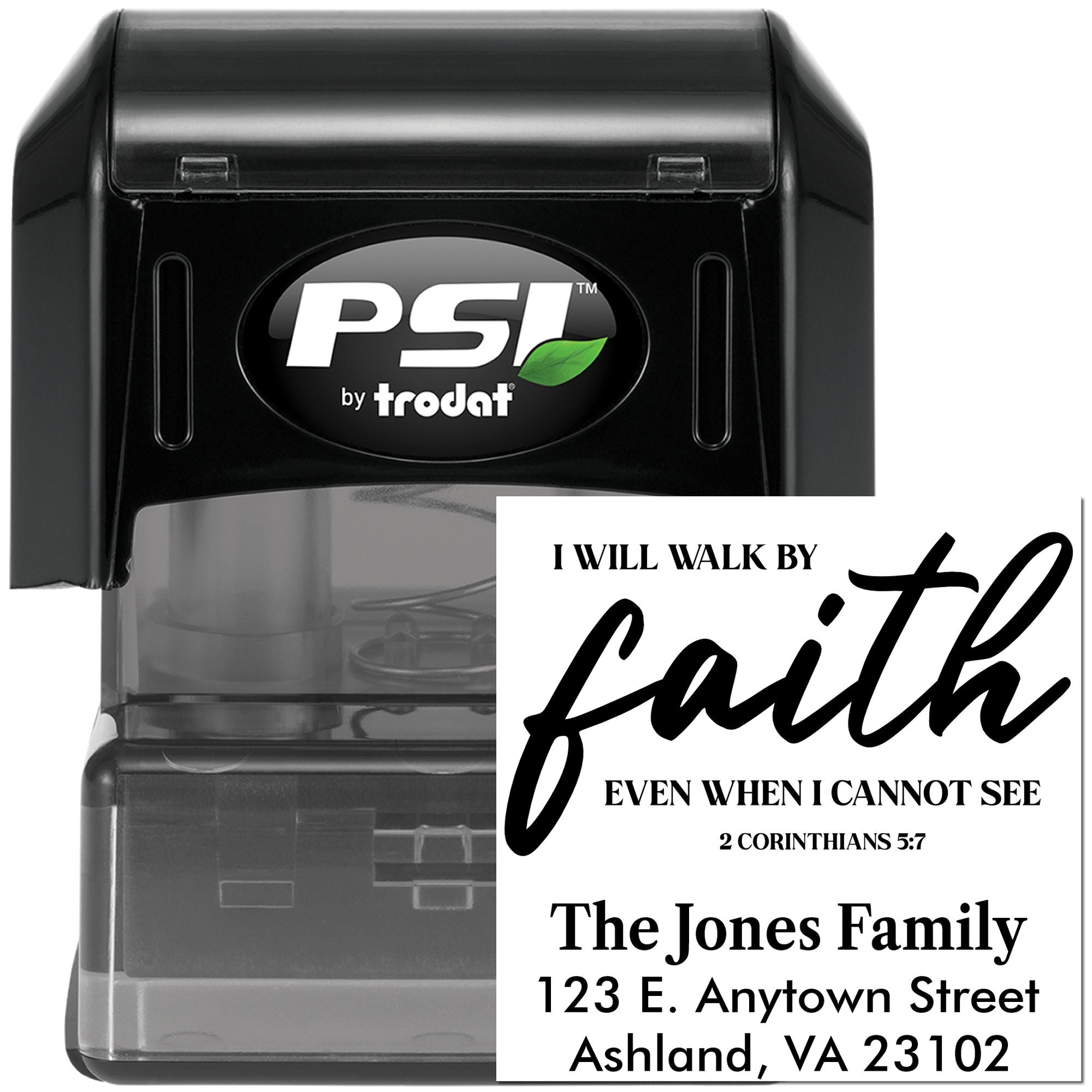 Custom Christian self-inking rubber stamp with faith verse and family address, 2 Corinthians 5:7, by Trodat PSI