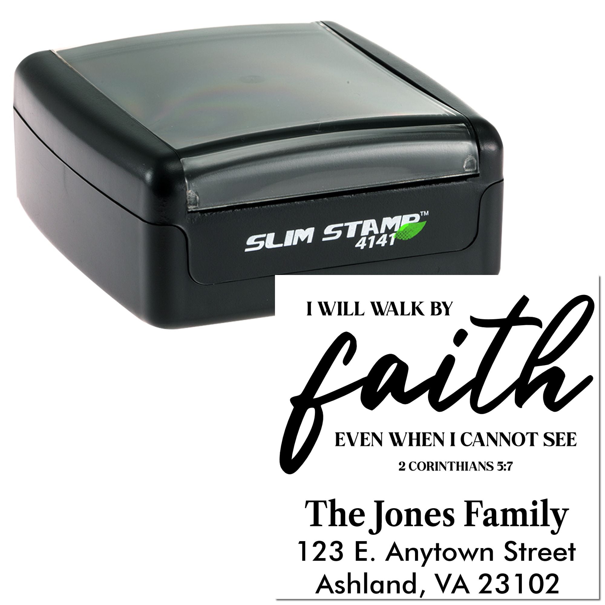 Custom self-inking rubber stamp with faith quote, family name, and address for personalized mailing and church cards.