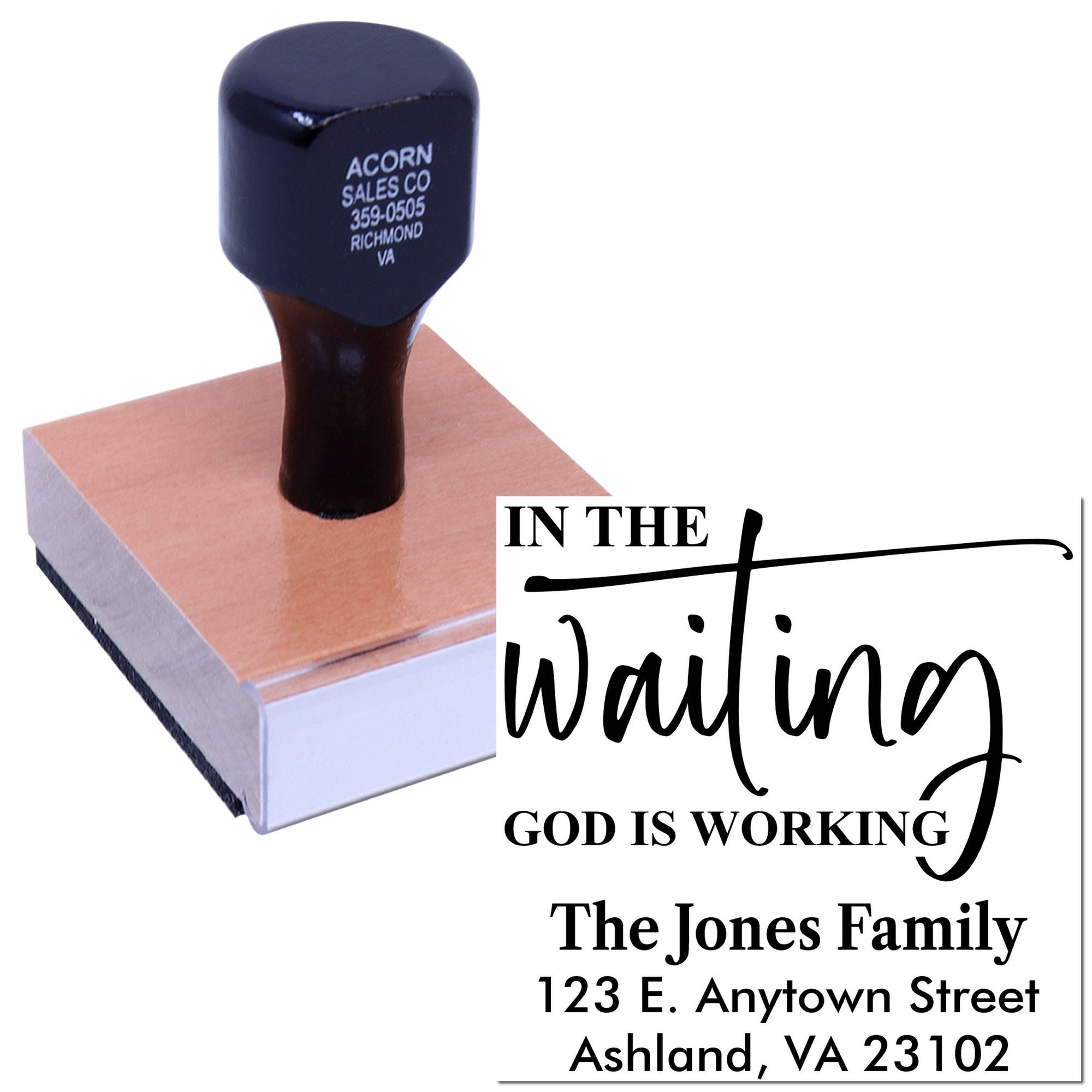 Custom rubber stamp with Christian message and address, showing In the waiting God is working personalized stamp design.