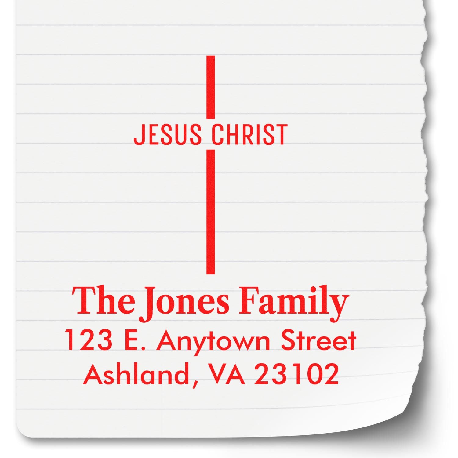 Custom Christian return address rubber stamp with cross, Jesus Christ, The Jones Family, and Ashland, VA 23102 address.