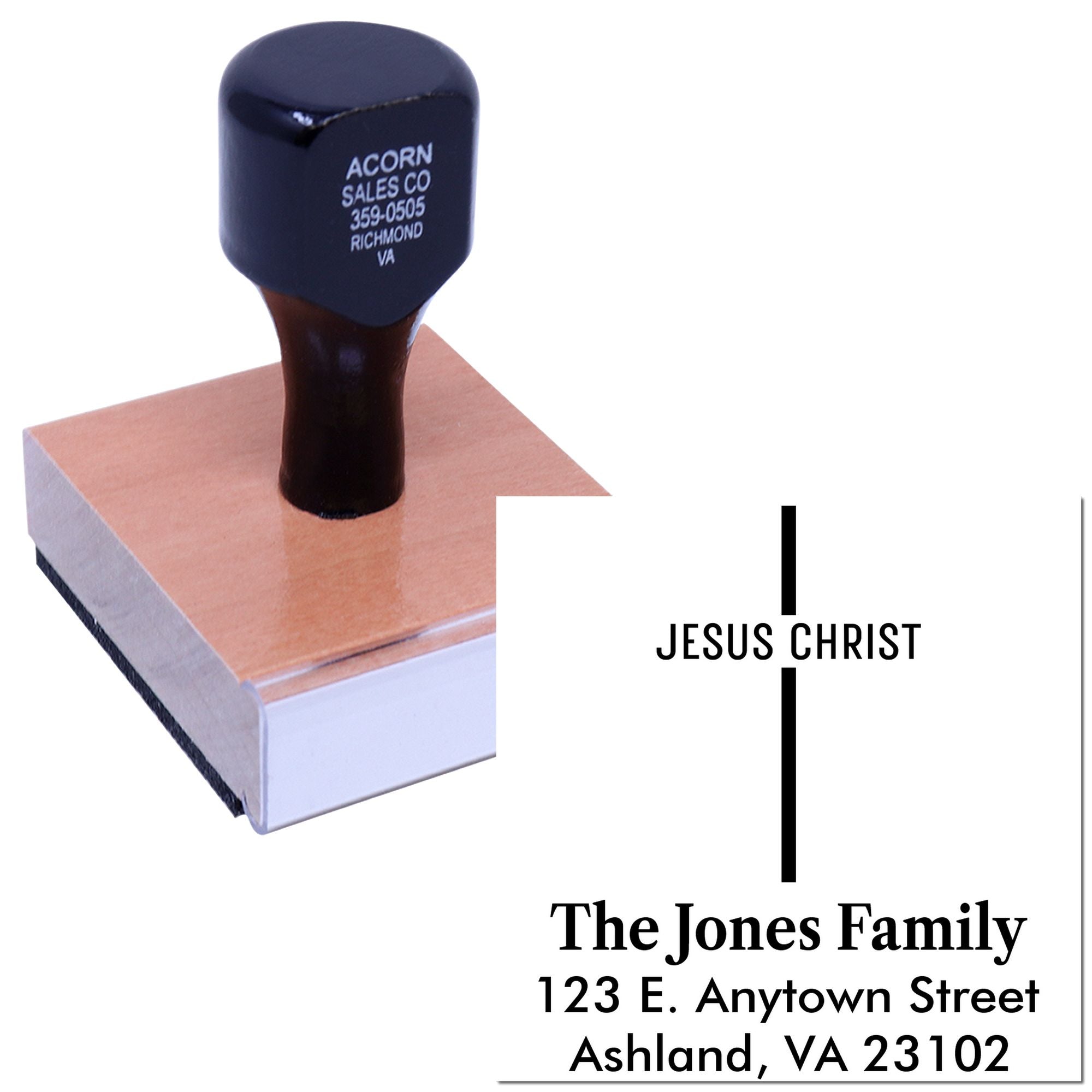 Custom Christian return address rubber stamp with cross, Jesus Christ, and family address for envelopes.