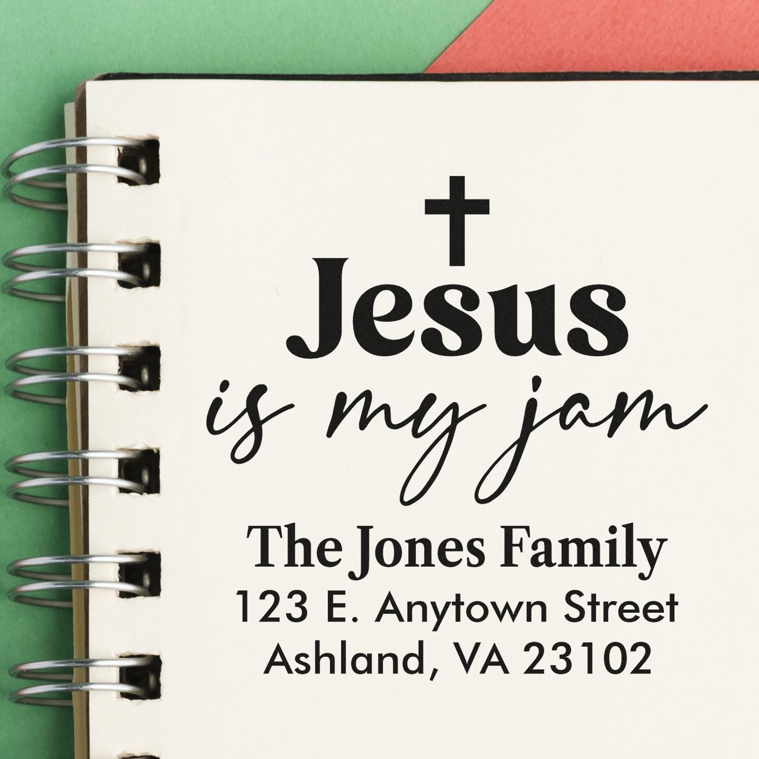 Custom Christian rubber stamp design reading Jesus is my jam with family name and address for personalized stationery.