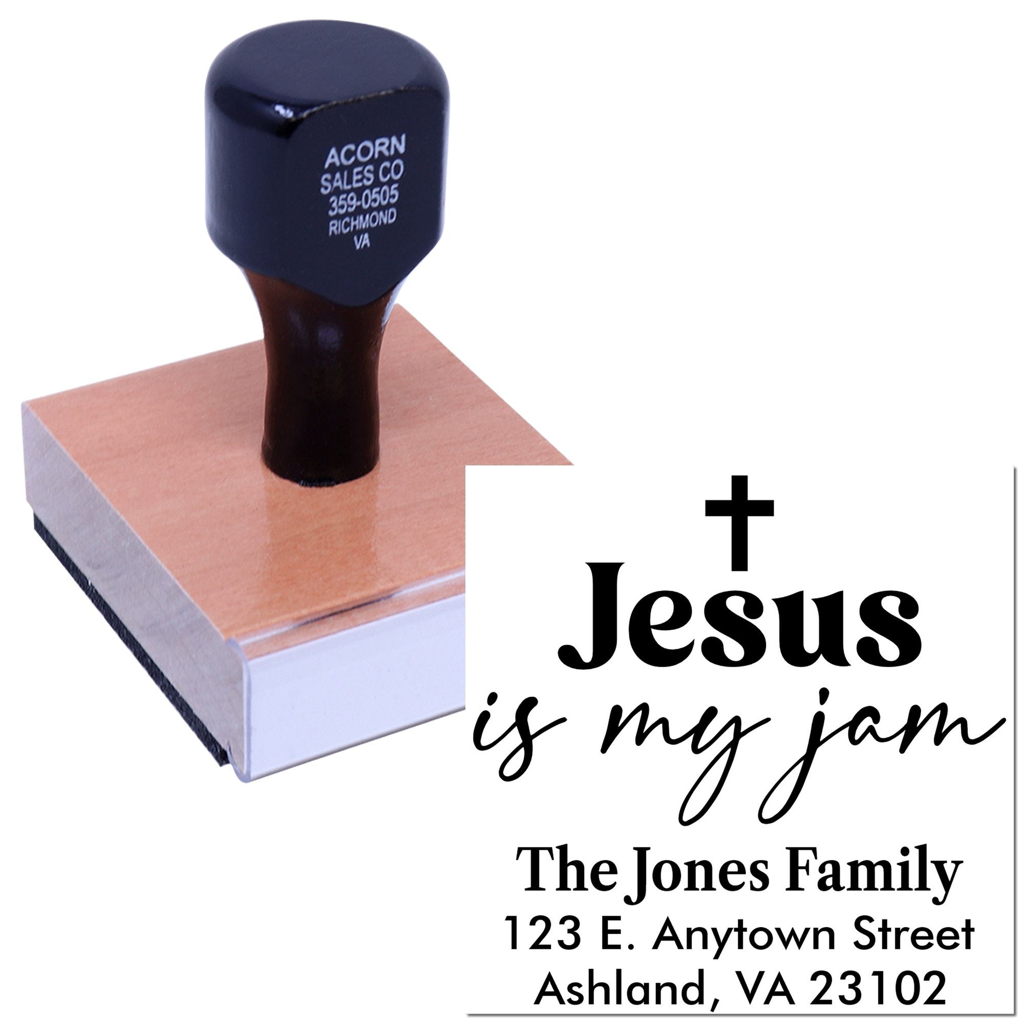 Custom rubber stamp with Christian family address design and Jesus is my jam text for personalized faith-based mailing.