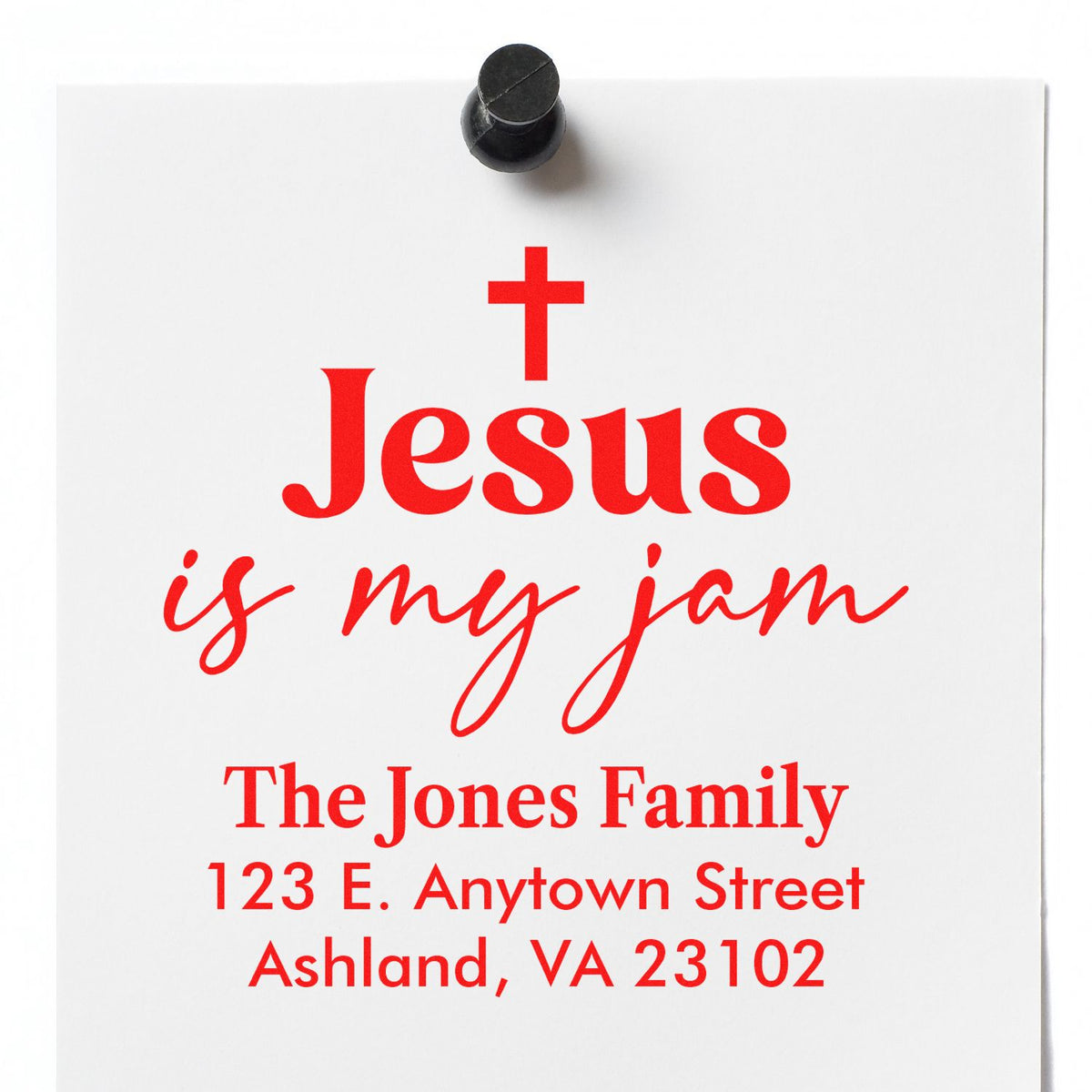 Custom address rubber stamp design with Jesus is my jam and The Jones Family mailing address in red on white paper.