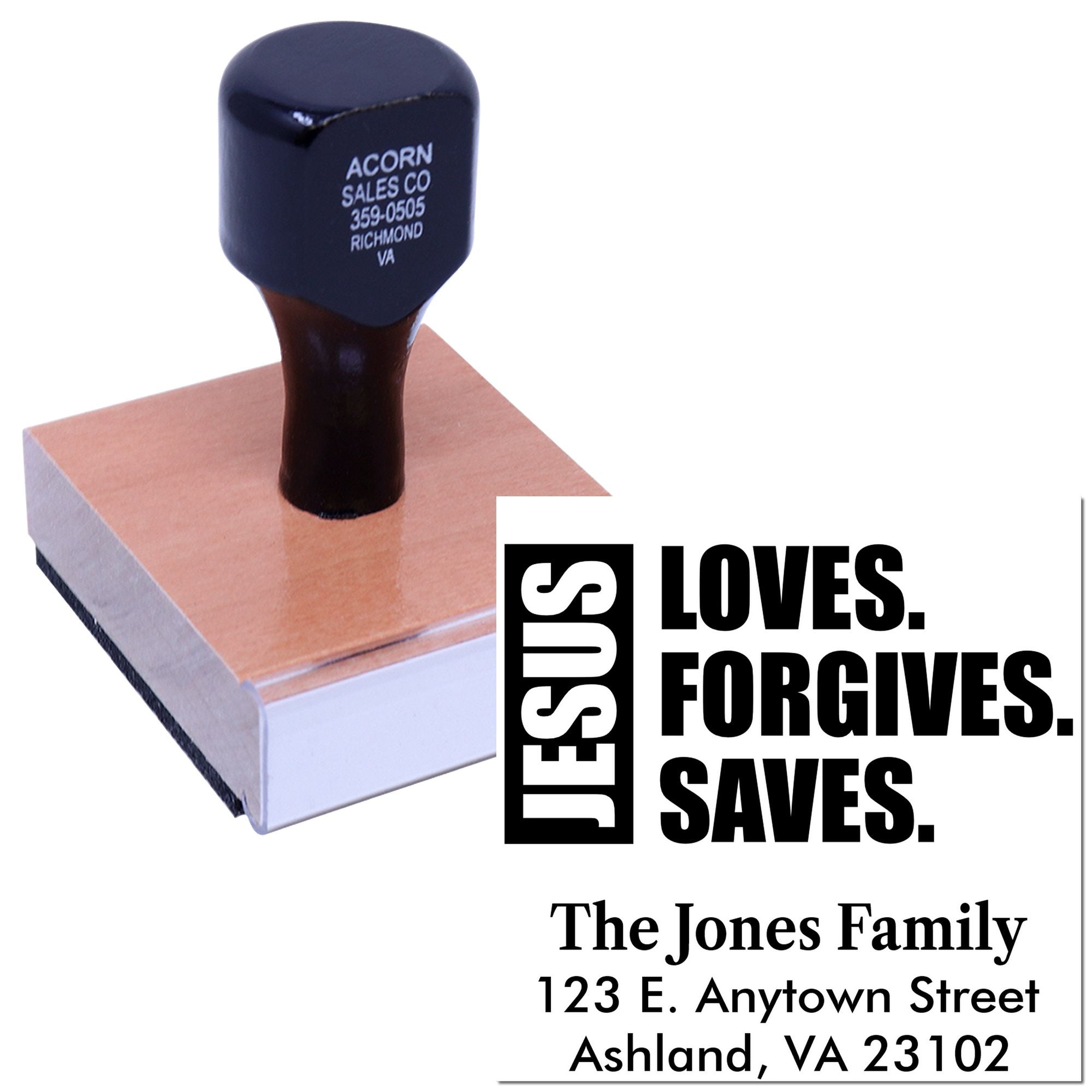 Custom religious rubber stamp with Jesus Loves. Forgives. Saves. and family address imprint for personal mailing.