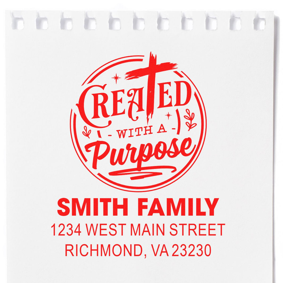 Custom rubber stamp design with Created with a Purpose and Smith Family return address for personalized stationery.