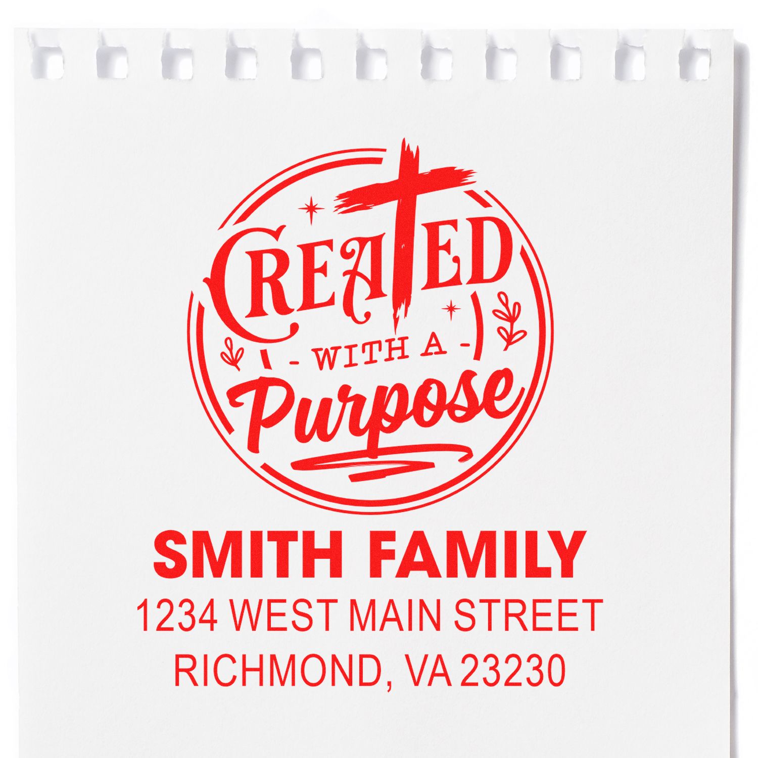 Custom family return address rubber stamp with Created With a Purpose design, Smith family, Richmond, VA.