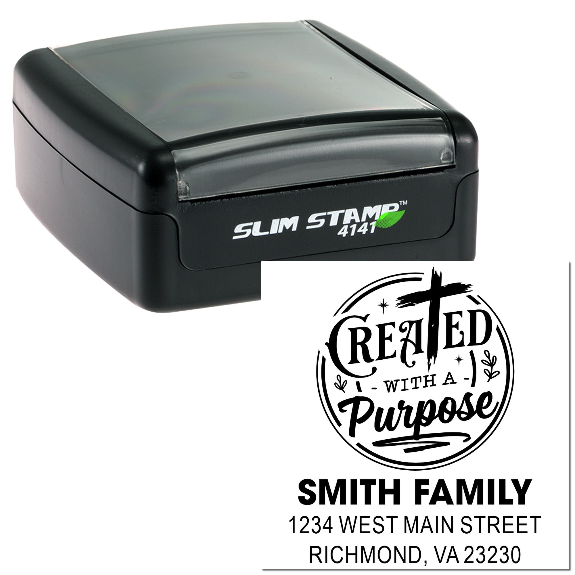 Custom self-inking rubber stamp with Created with a Purpose design and Smith Family return address for envelopes and mail.