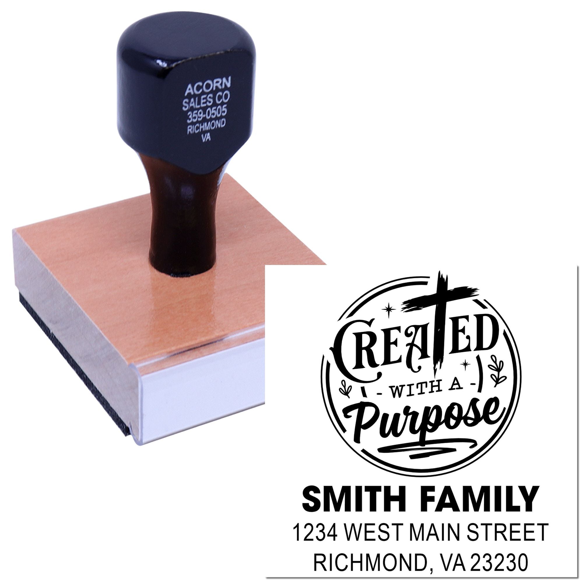 Custom wood rubber stamp featuring Created with a Purpose design and Smith Family return address for personalized mail.