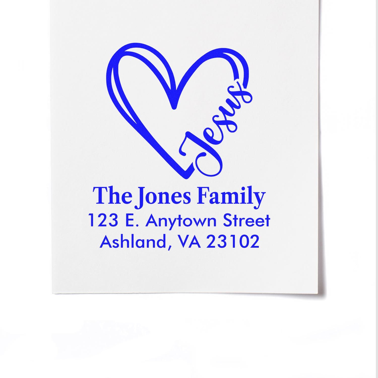 Custom Christian address rubber stamp with heart and Jesus design for The Jones Family, Ashland, VA.
