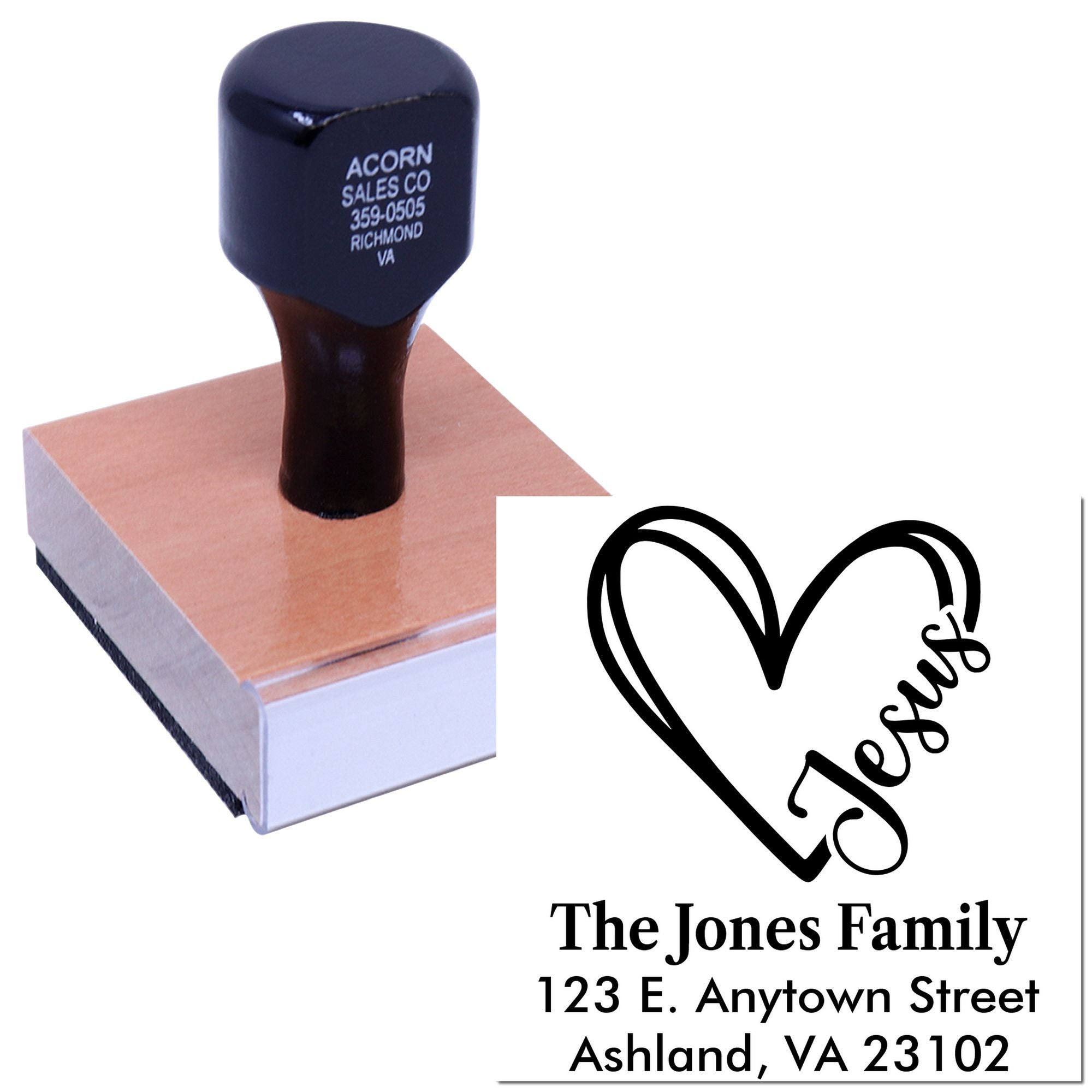 Custom rubber address stamp with heart design and family name for envelopes, wedding invitations, and mailings.